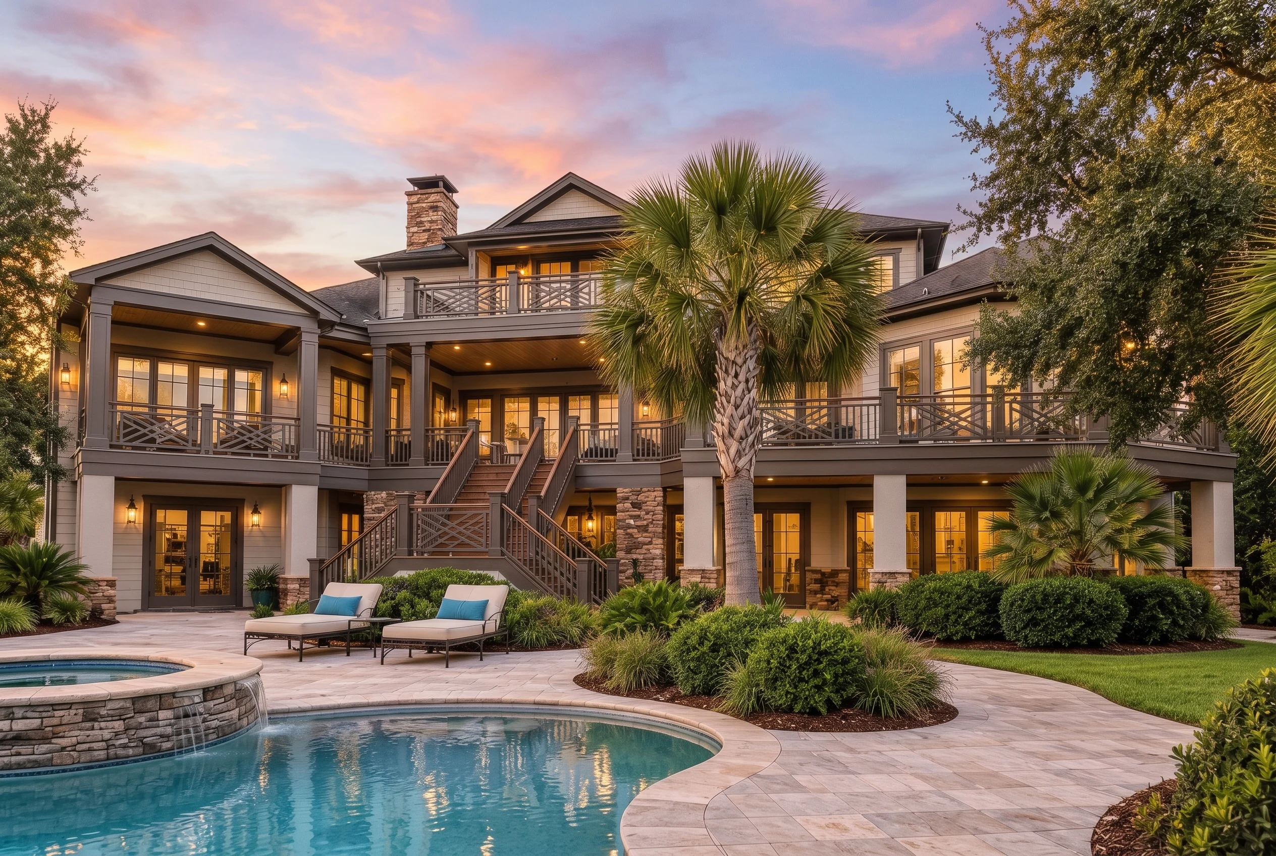 Plan  12-2672 – Cedar Valley Homestead  | Coastal – 5-Bed, 5-Bath, 6,300 SF - Mushroom Taupe, AI-generated exterior concept