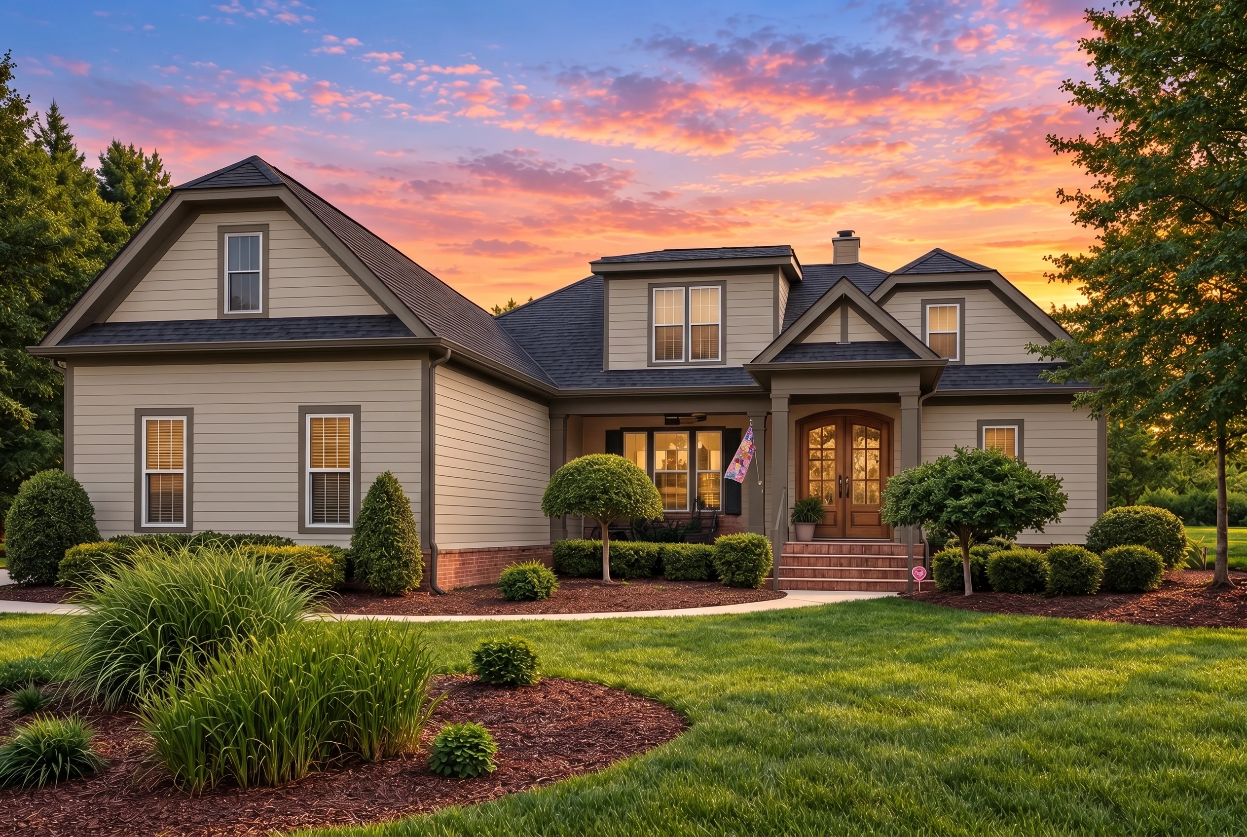 Plan  12-2677 – Aster Bridge Retreat  | Traditional – 3-Bed, 3-Bath, 2,632 SF - Mushroom Taupe, AI-generated exterior concept