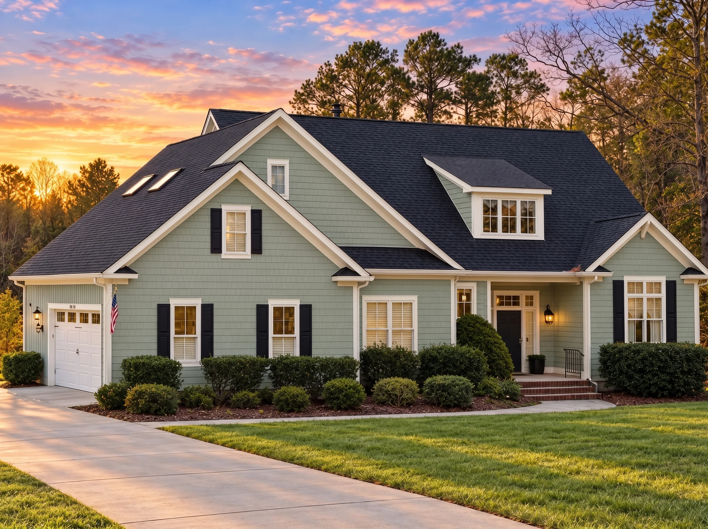 Plan  12-2696 – Elm Ridge Farm |  Shingle Style – 3-Bed, 3.5-Bath, 3,321 SF - Muted Sage, AI-generated exterior concept