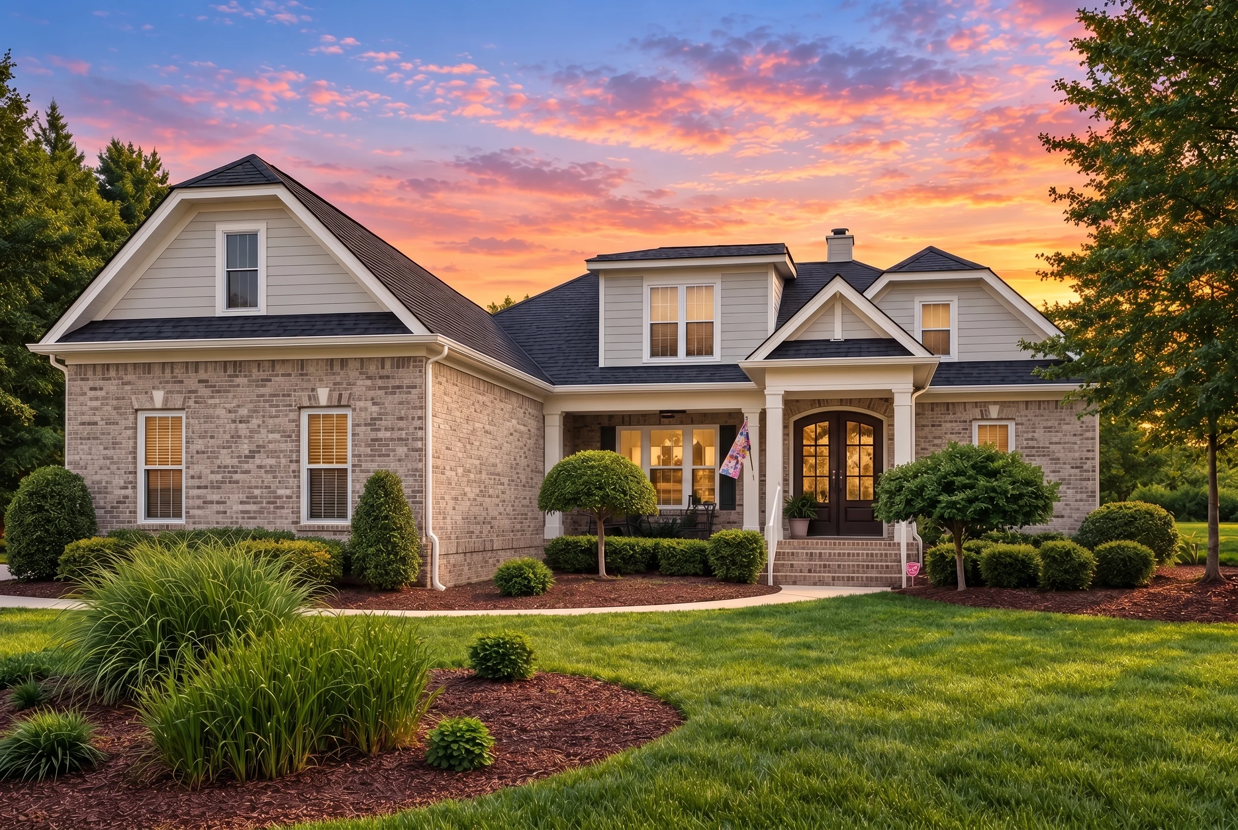 Plan  12-2677 – Aster Bridge Retreat  | Traditional – 3-Bed, 3-Bath, 2,632 SF - Natural Brick, AI-generated exterior concept