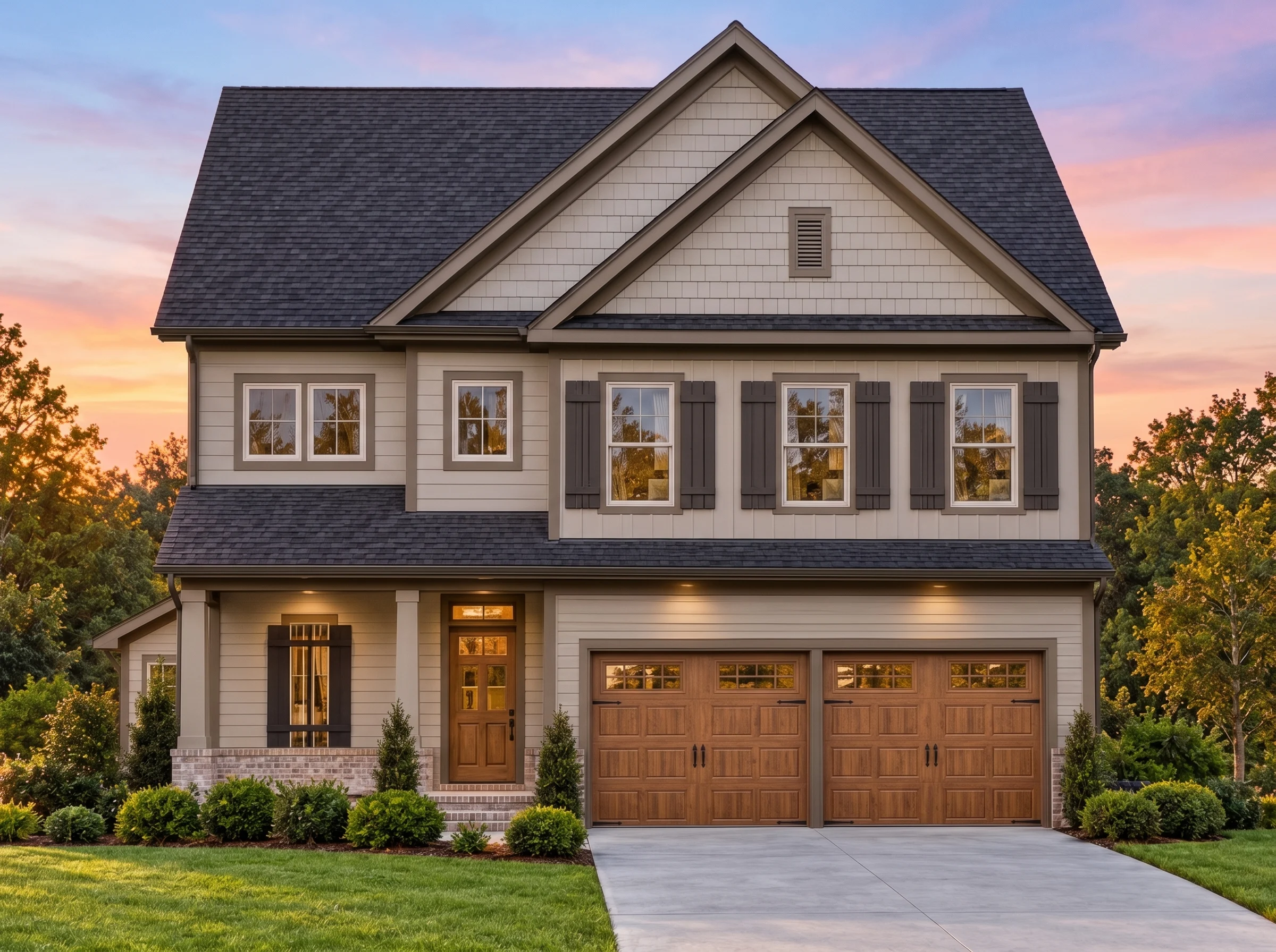 Plan  12-2711 – Aster Orchard Villa  | New American – 4-Bed, 3.5-Bath, 2,078 SF - Mushroom Taupe, AI-generated exterior concept