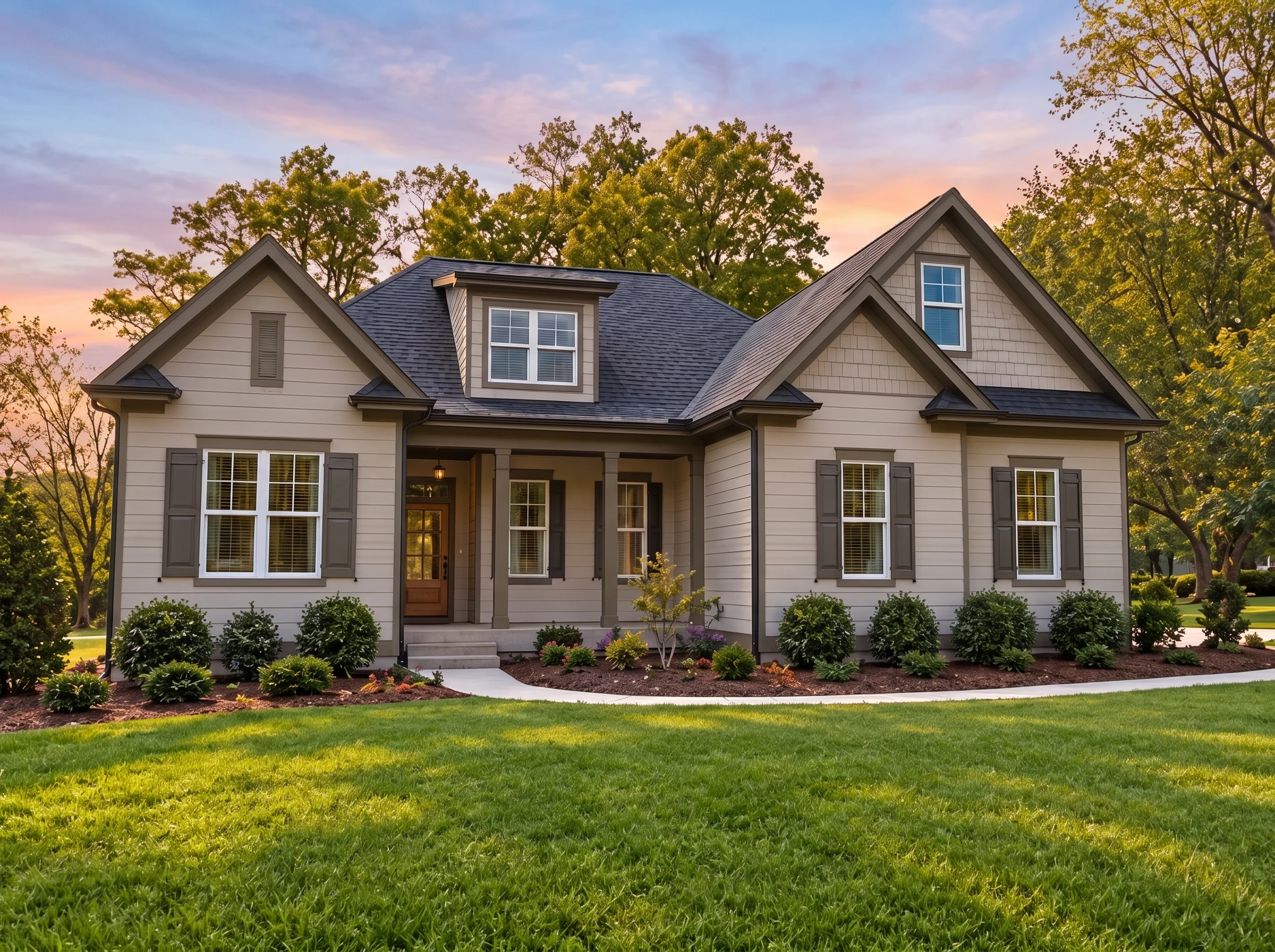 Plan  12-2722 – Michigan Peninsula |  Traditional – 3-Bed, 3-Bath, 2,718 SF - Mushroom Taupe, AI-generated exterior concept
