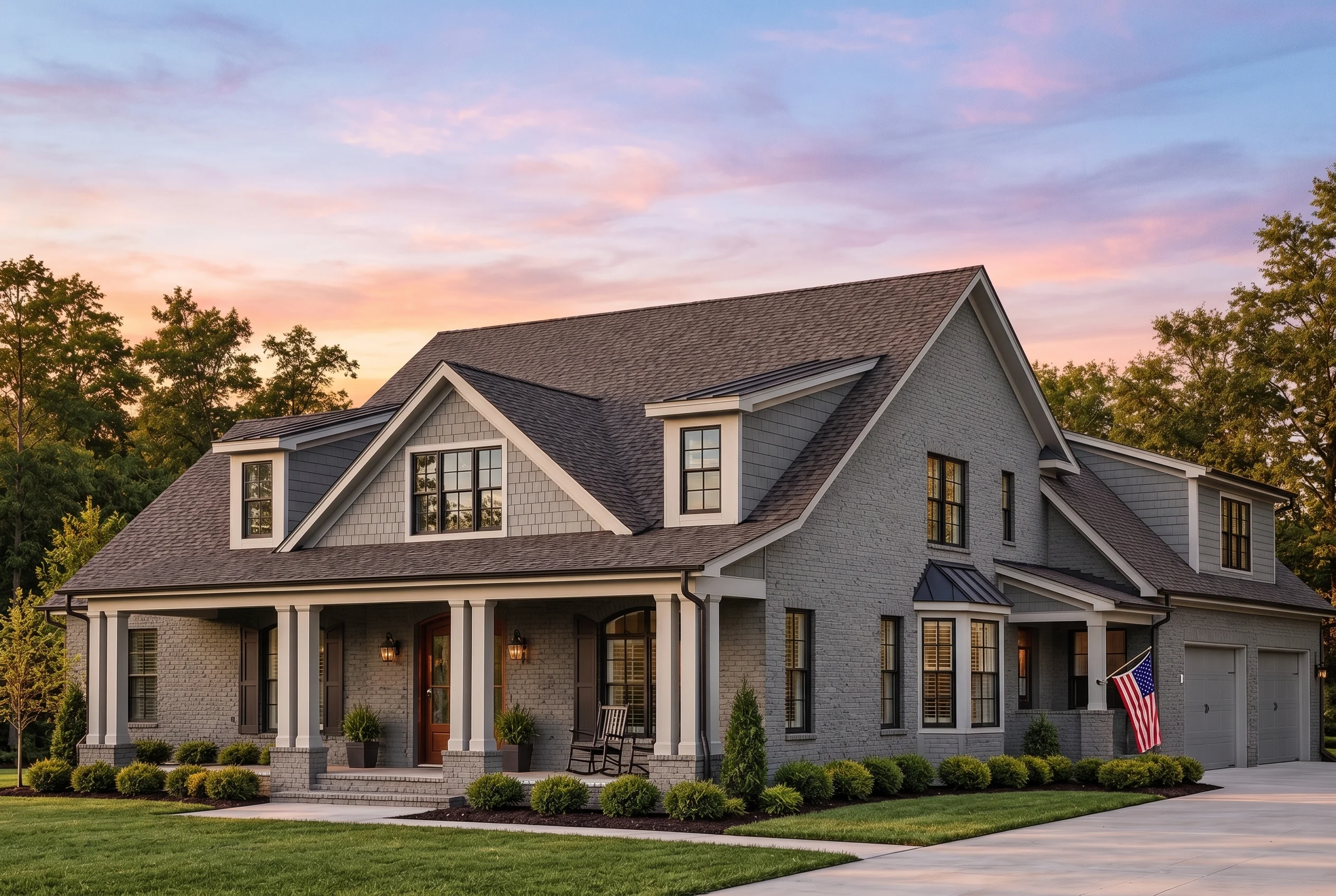 Plan  12-2652 – Pine Meadow Estate |  New American – 4-Bed, 5-Bath, 4,426 SF - Warm Charcoal, AI-generated exterior concept