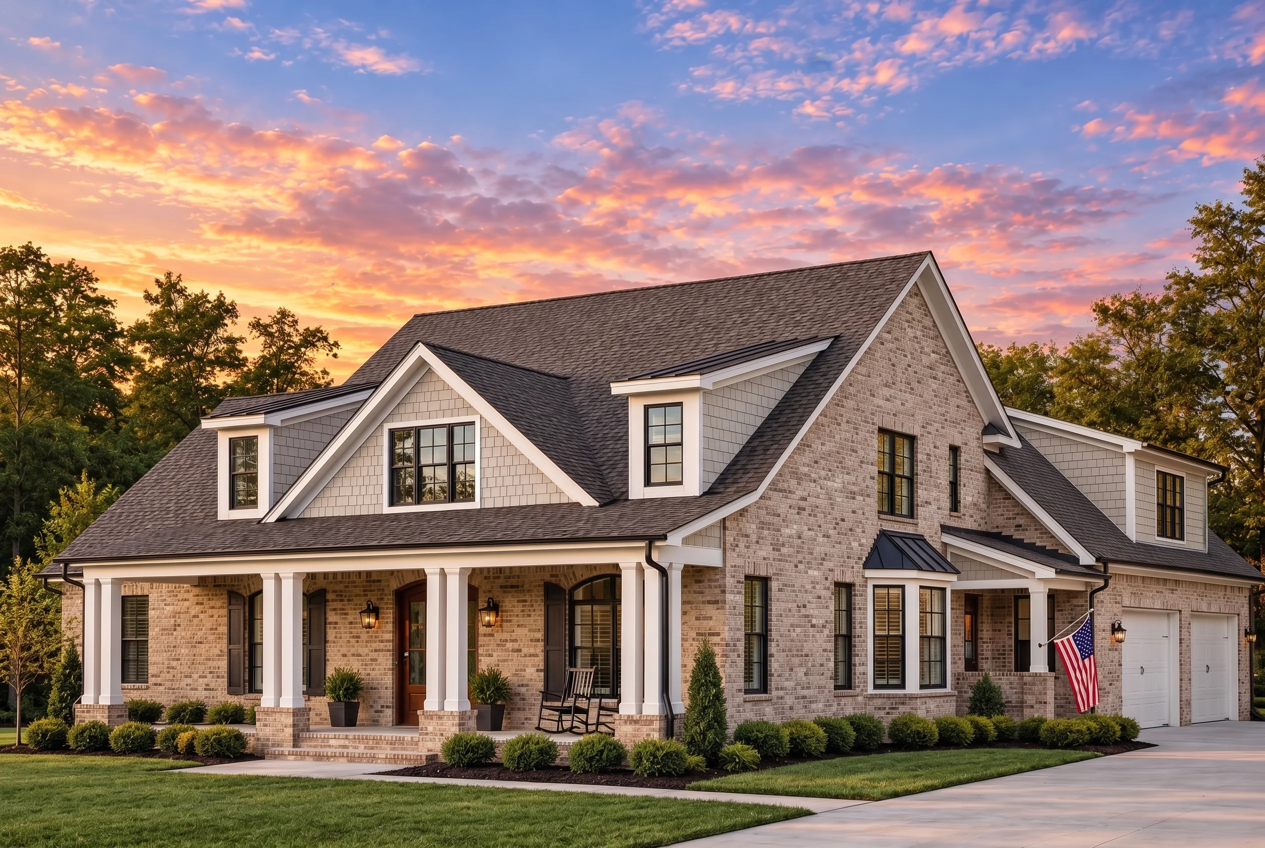 Plan  12-2652 – Pine Meadow Estate |  New American – 4-Bed, 5-Bath, 4,426 SF - Natural Brick, AI-generated exterior concept