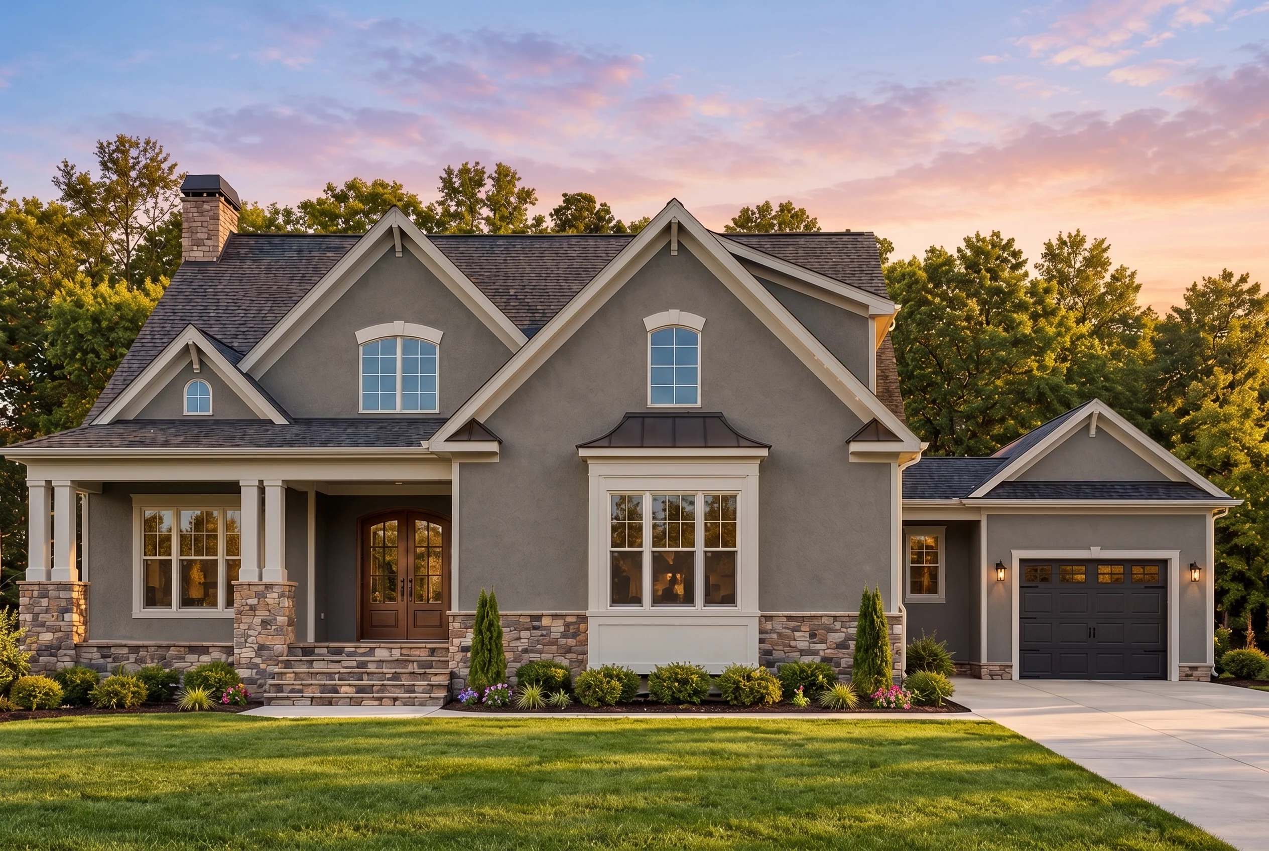 Plan  12-2807 – Auburn Bluff Cottage  | New American – 4-Bed, 3.5-Bath, 3,775 SF - Warm Charcoal, AI-generated exterior concept