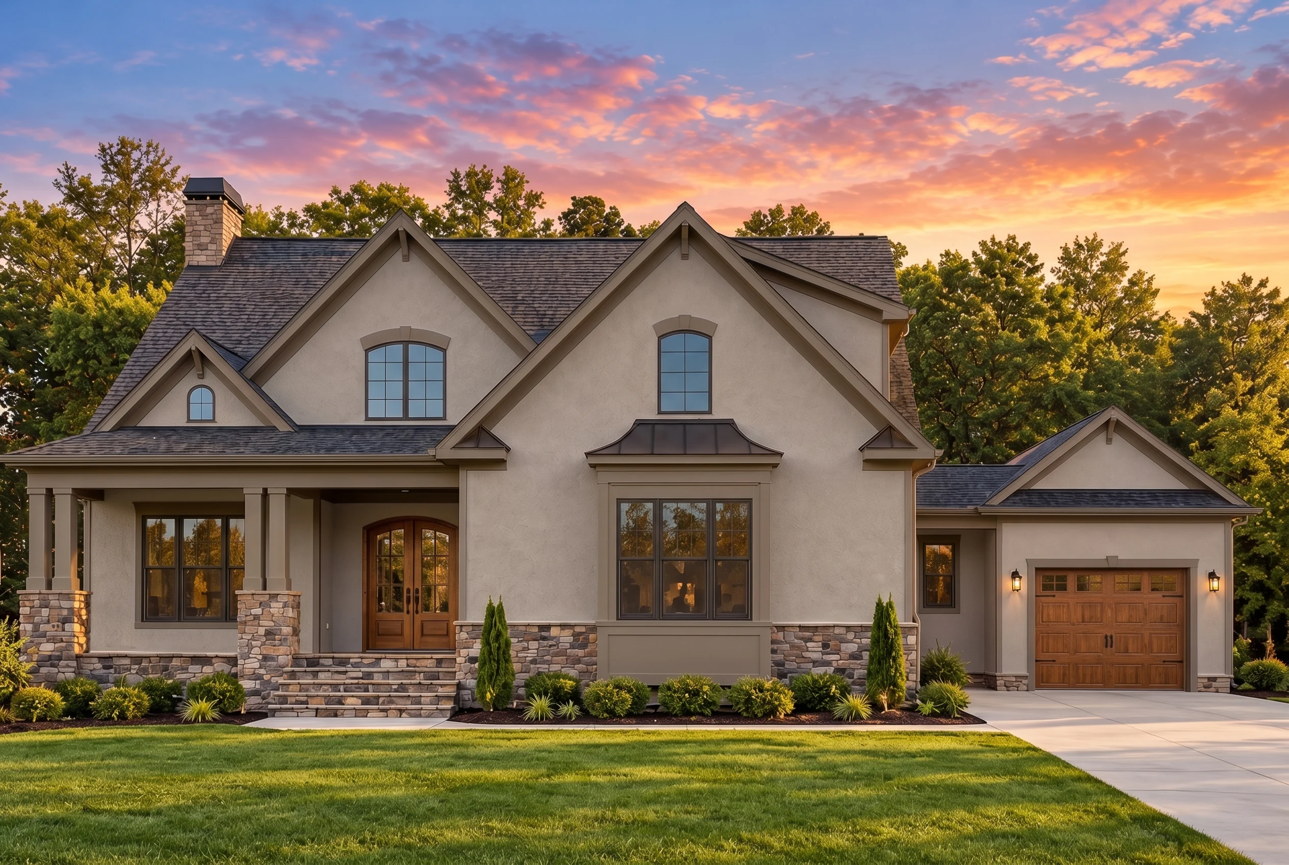 Plan  12-2807 – Auburn Bluff Cottage  | New American – 4-Bed, 3.5-Bath, 3,775 SF - Mushroom Taupe, AI-generated exterior concept