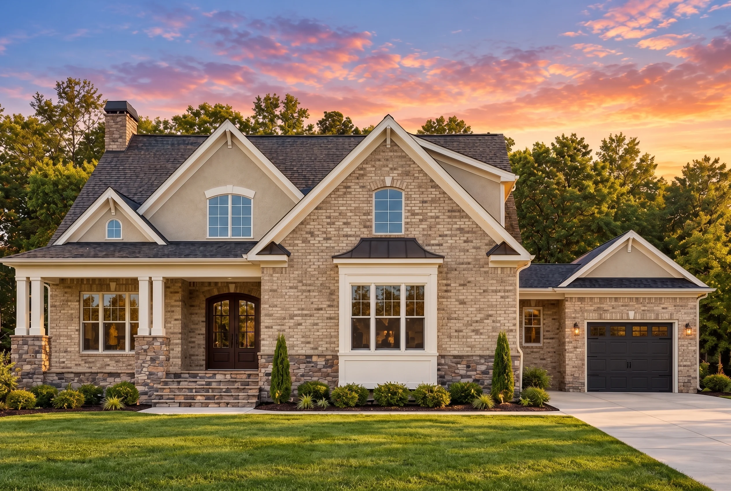 Plan  12-2807 – Auburn Bluff Cottage  | New American – 4-Bed, 3.5-Bath, 3,775 SF - Natural Brick, AI-generated exterior concept