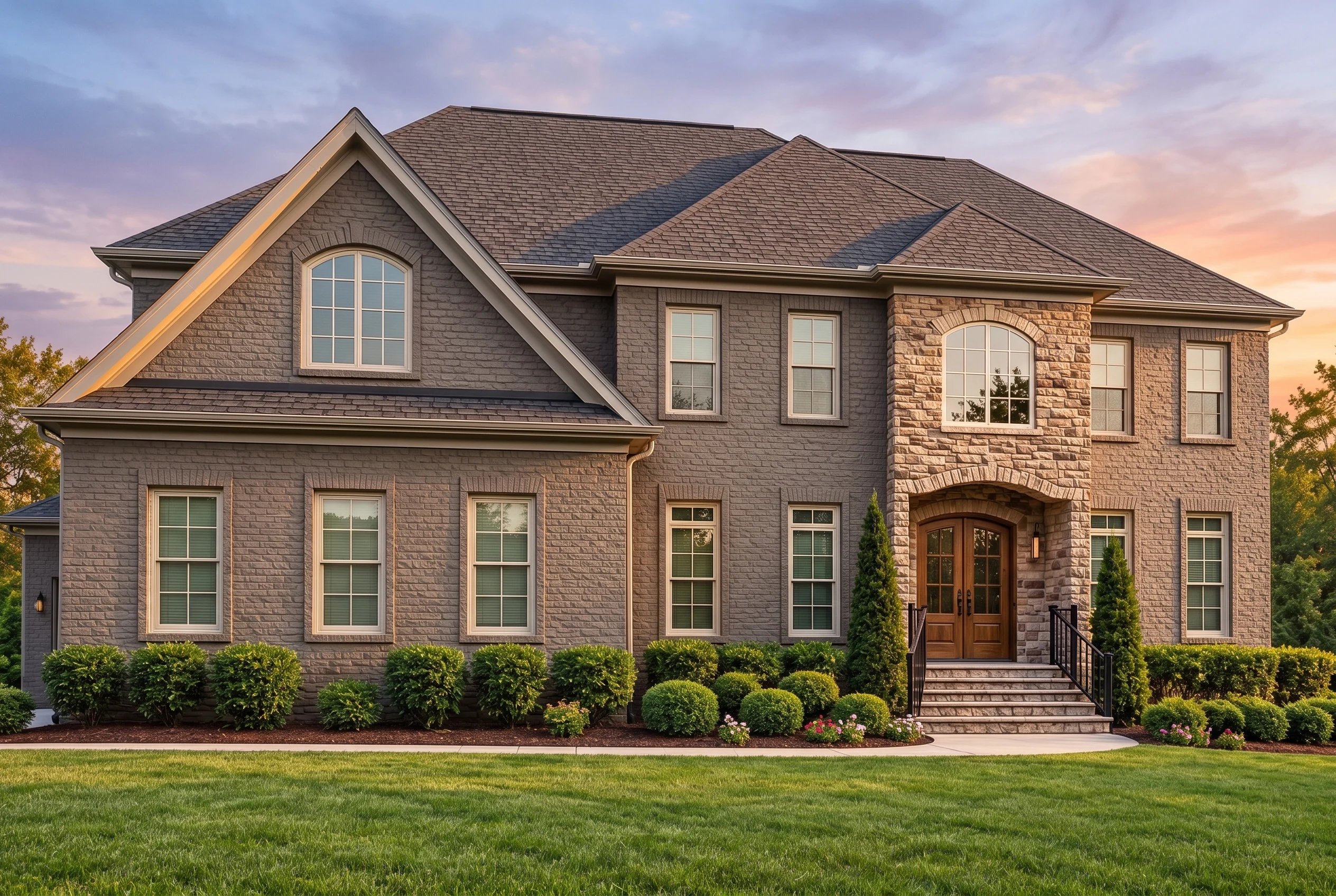 Plan  12-2798 – Auburn Willow Lodge  | Traditional Colonial – 5-Bed, 5-Bath, 6,354 SF - Warm Charcoal, AI-generated exterior concept