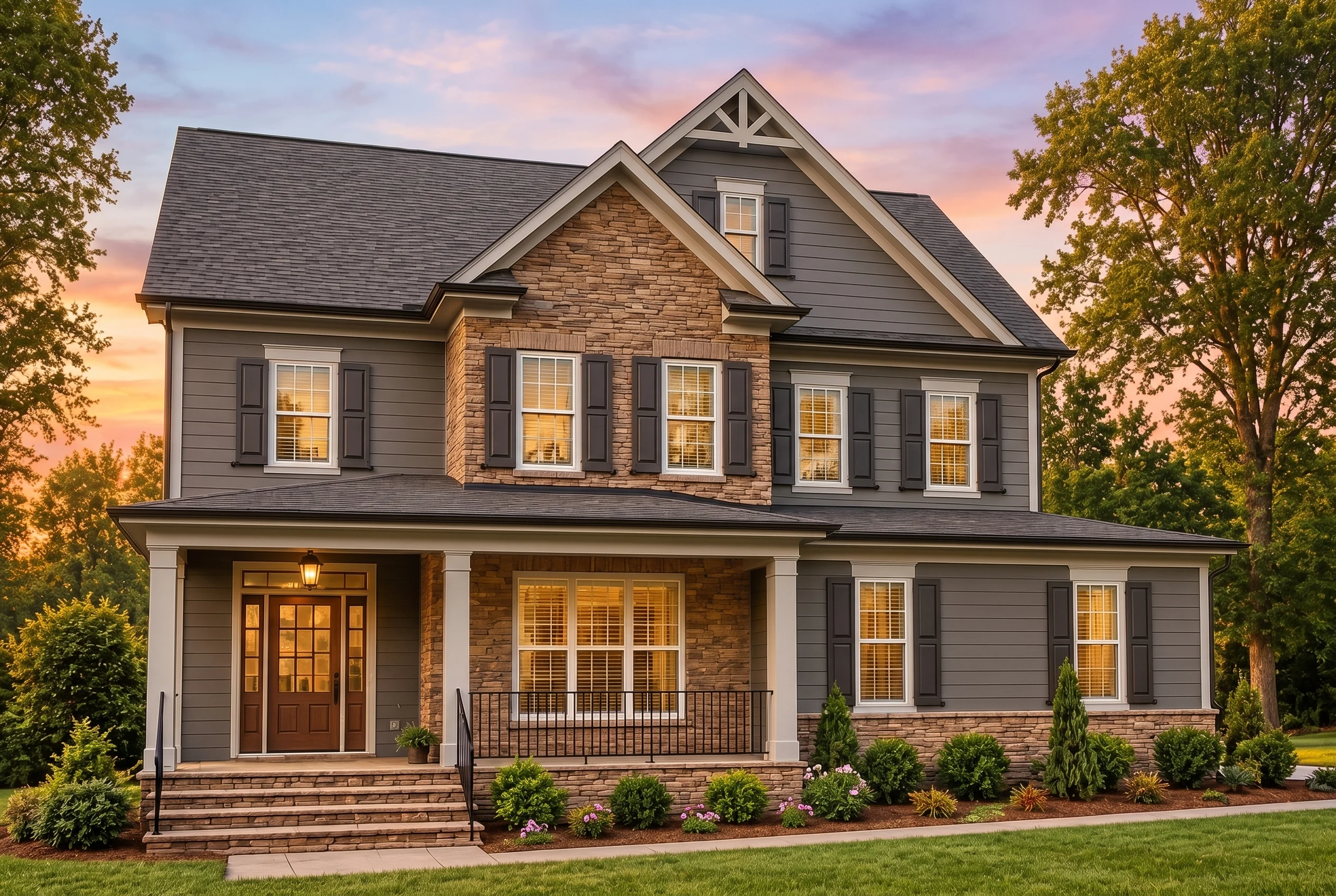 Plan  12-2789 – Hawthorn Valley Cabin  | Traditional Colonial – 4-Bed, 4.5-Bath, 3,404 SF - Warm Charcoal, AI-generated exterior concept