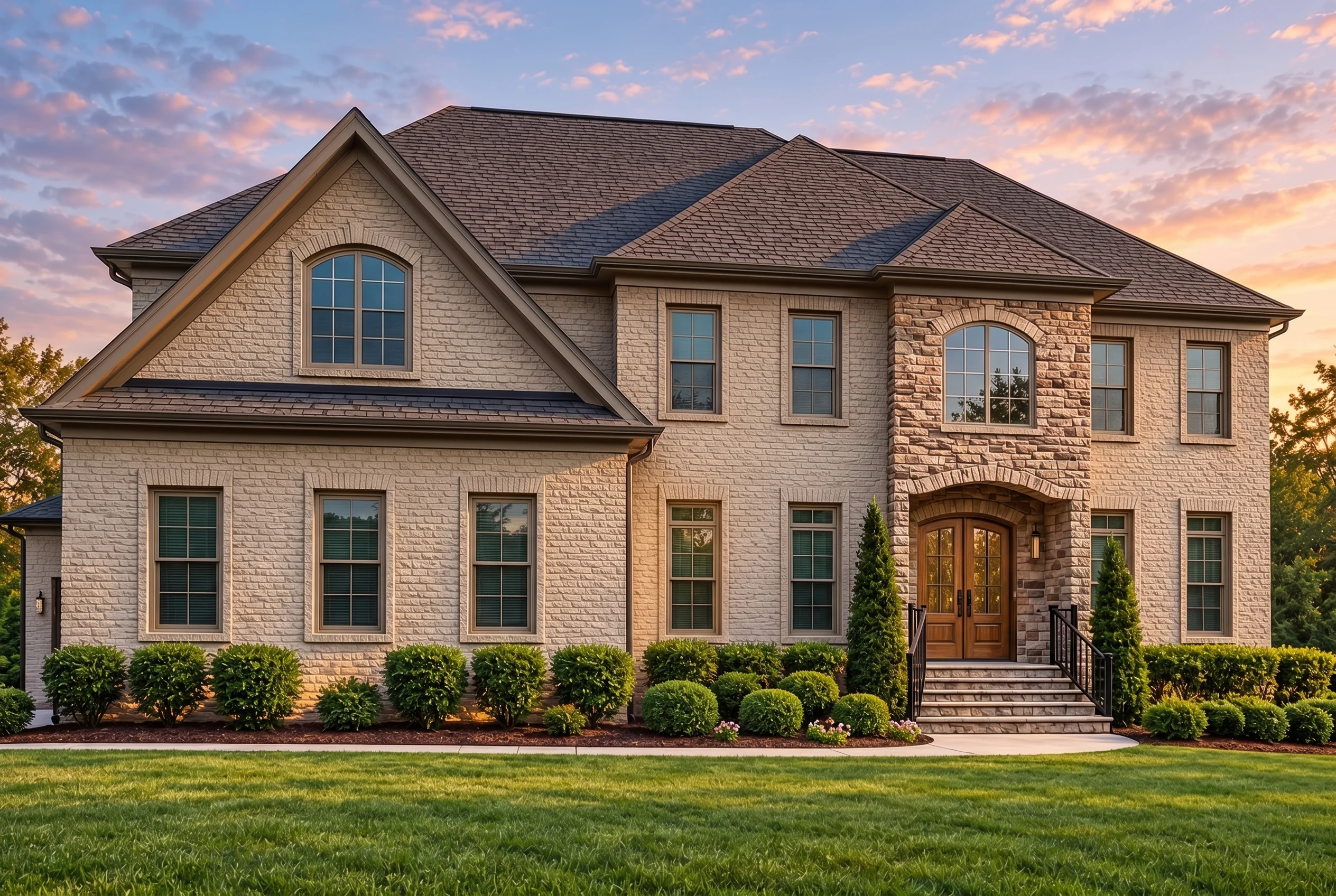 Plan  12-2798 – Auburn Willow Lodge  | Traditional Colonial – 5-Bed, 5-Bath, 6,354 SF - Mushroom Taupe, AI-generated exterior concept