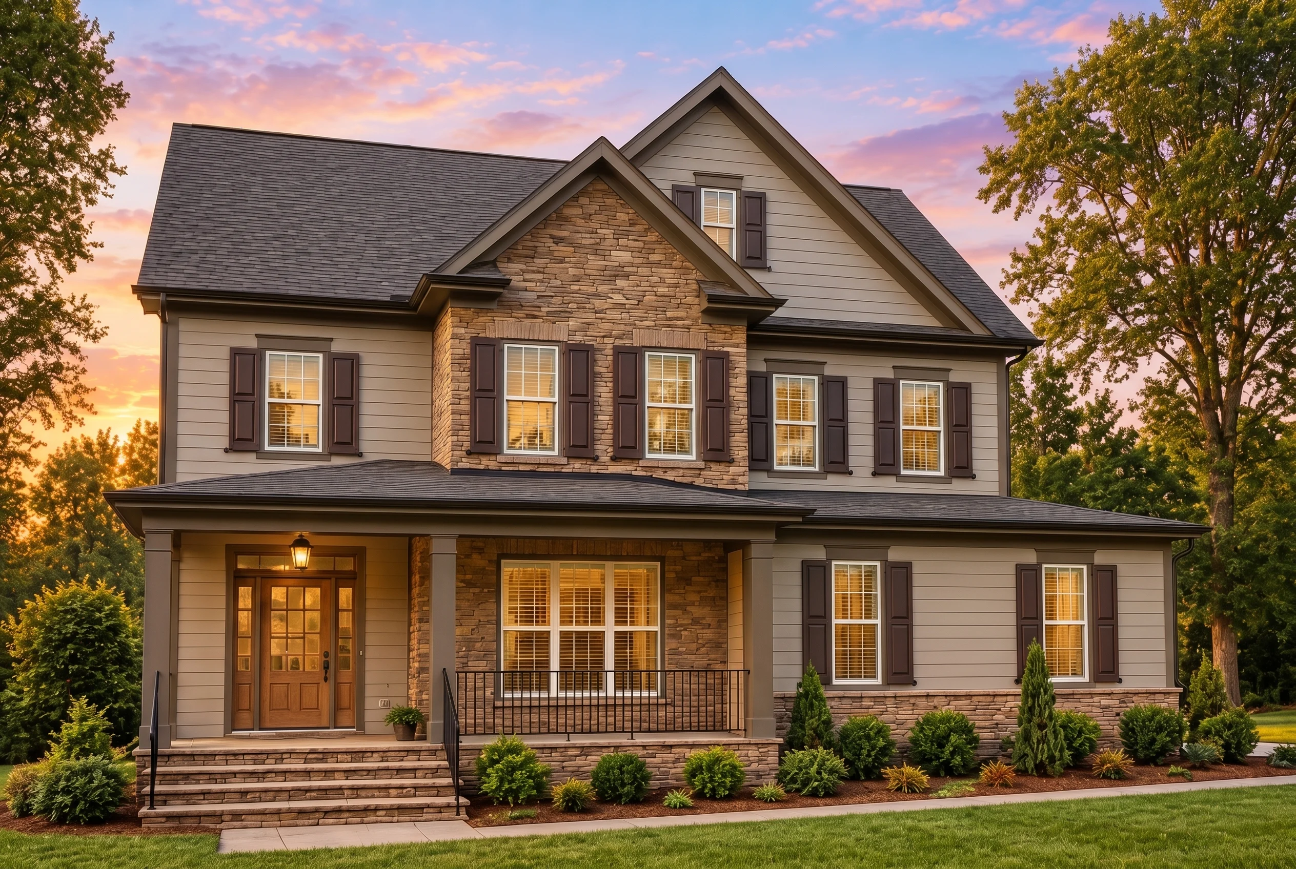 Plan  12-2789 – Hawthorn Valley Cabin  | Traditional Colonial – 4-Bed, 4.5-Bath, 3,404 SF - Mushroom Taupe, AI-generated exterior concept
