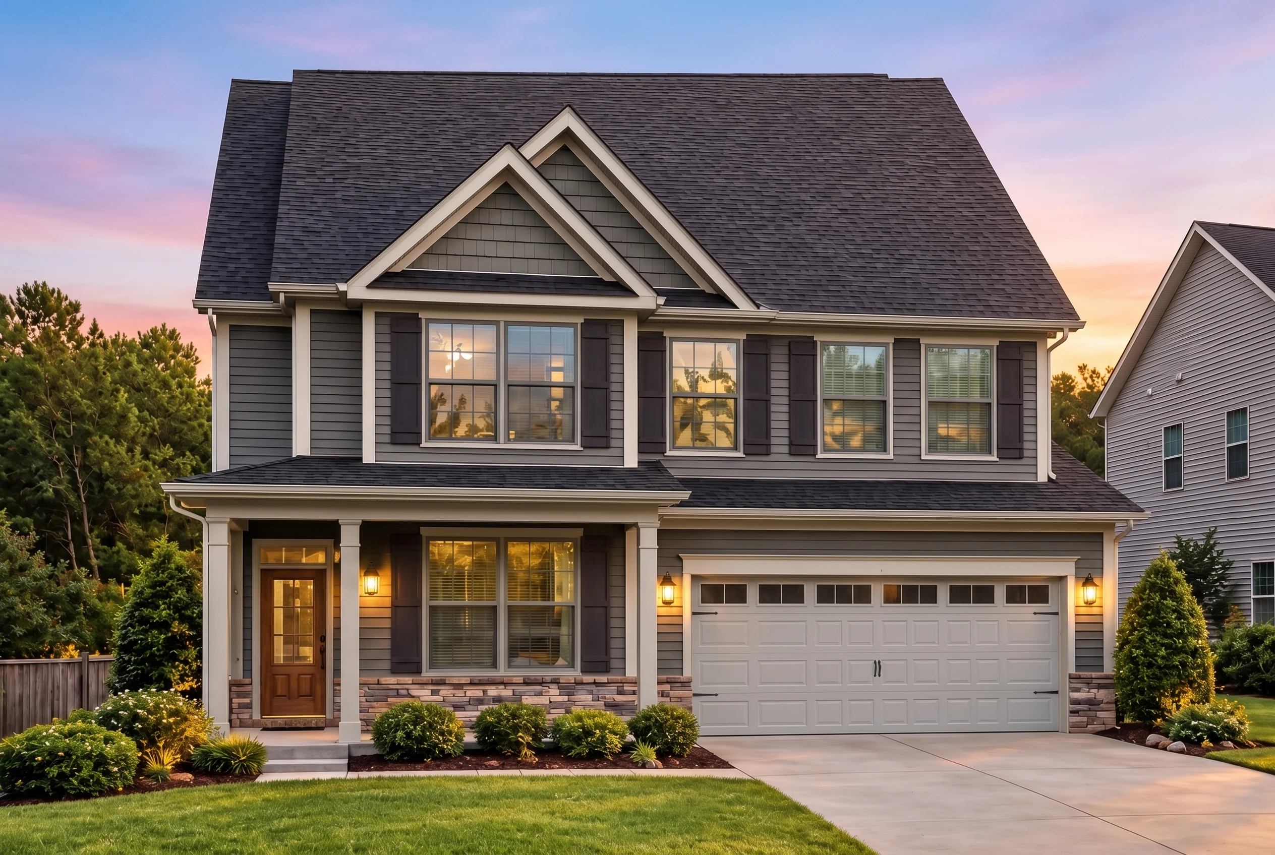 Plan  12-2784 – Aster Orchard Haven  | Traditional New American – 4-Bed, 3.5-Bath, 3,375 SF - Warm Charcoal, AI-generated exterior concept