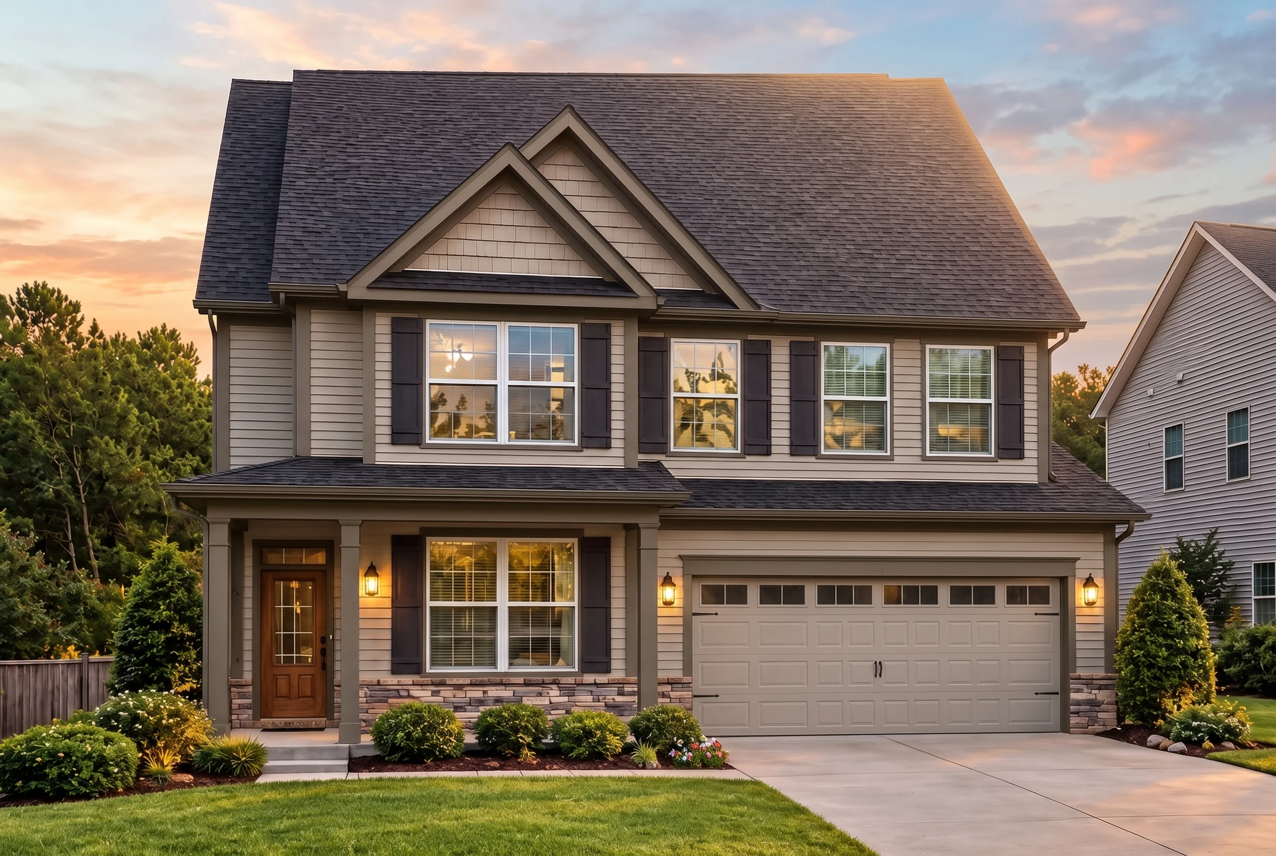 Plan  12-2784 – Aster Orchard Haven  | Traditional New American – 4-Bed, 3.5-Bath, 3,375 SF - Mushroom Taupe, AI-generated exterior concept