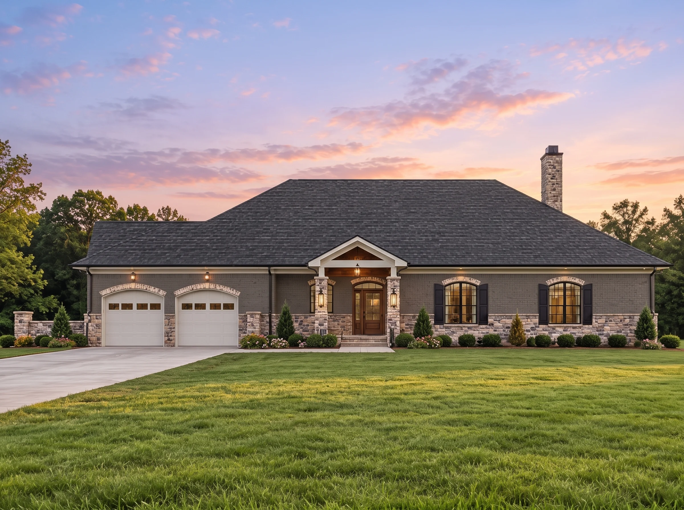 Plan  12-2877 – Auburn Summit Estate  | Georgian – 5-Bed, 5-Bath, 4,765 SF - Warm Charcoal, AI-generated exterior concept