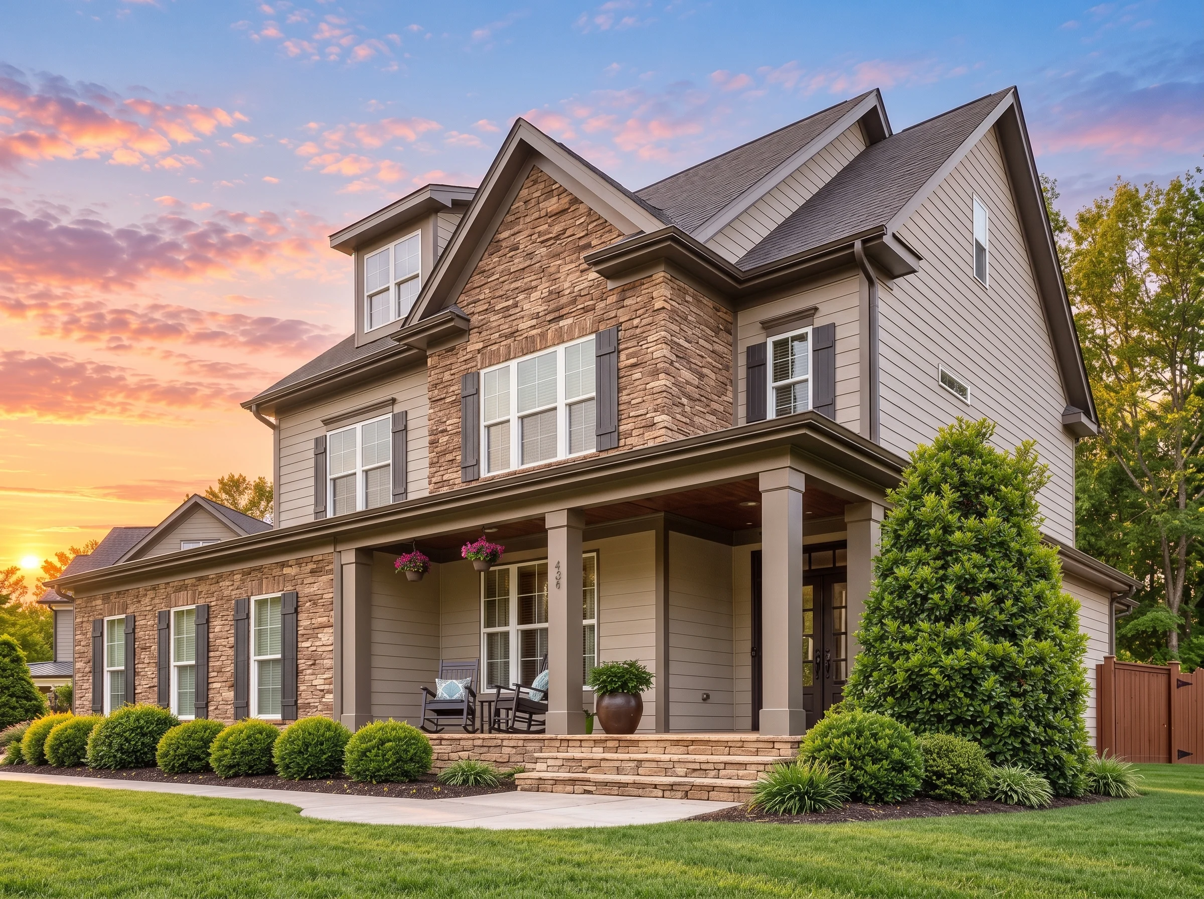 Plan  12-2882 – West Peak Builders |  New American – 5-Bed, 3.5-Bath, 3,177 SF - Mushroom Taupe, AI-generated exterior concept