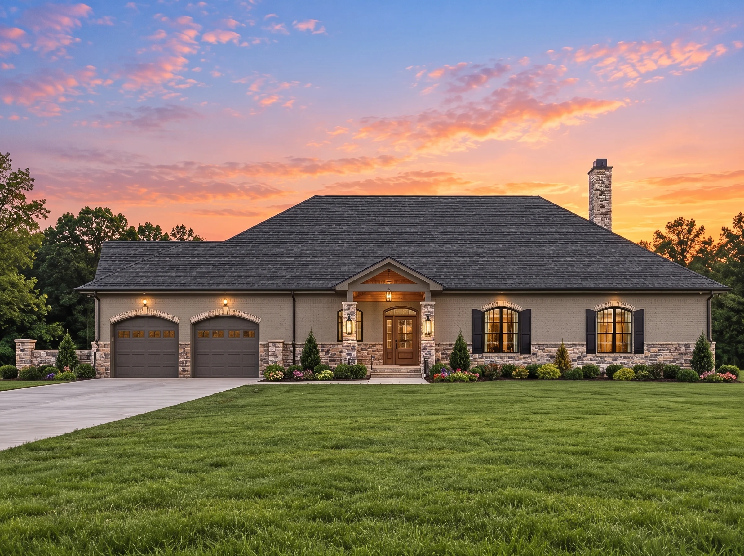 Plan  12-2877 – Auburn Summit Estate  | Georgian – 5-Bed, 5-Bath, 4,765 SF - Mushroom Taupe, AI-generated exterior concept