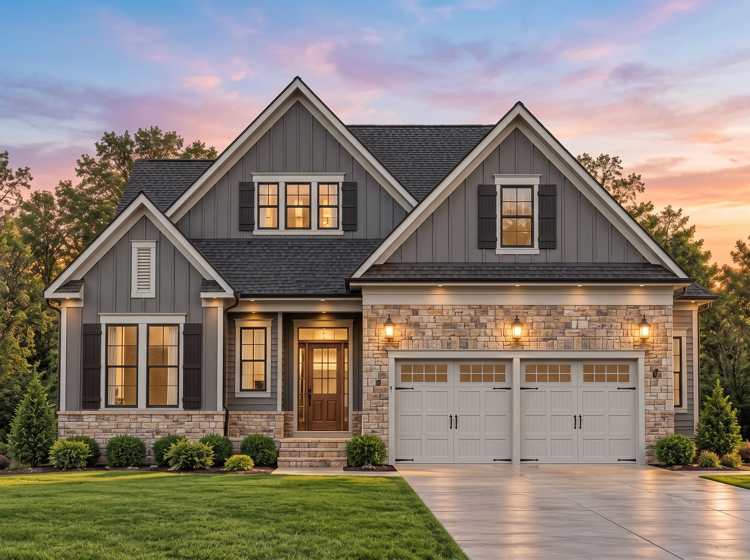 Plan  12-2874 – Aster Springs Chalet  | Modern Farmhouse – 3-Bed, 3-Bath, 1,627 SF - Warm Charcoal, AI-generated exterior concept