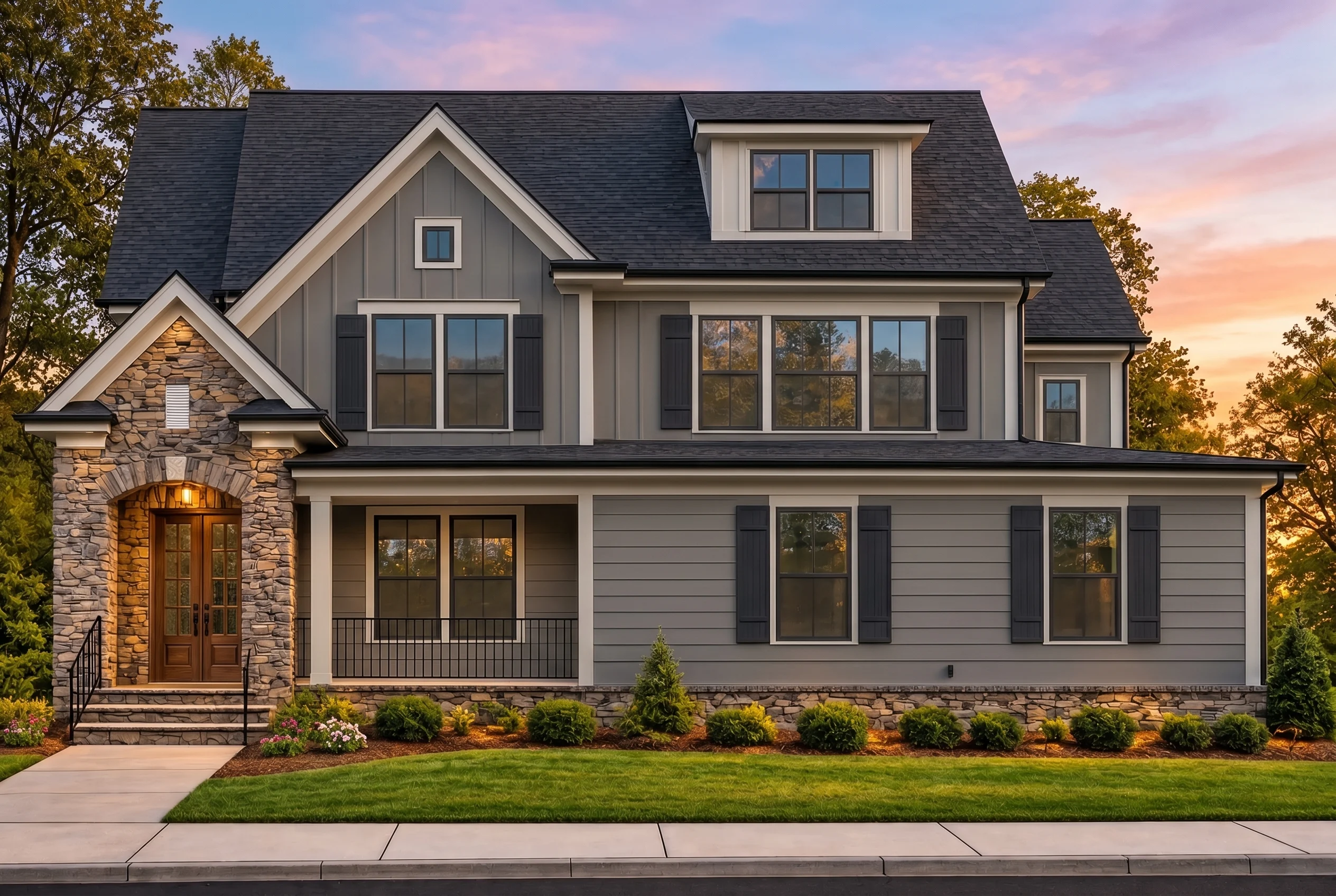 Plan  12-2856 – New York Harbor |  New American – 4-Bed, 3.5-Bath, 2,508 SF - Warm Charcoal, AI-generated exterior concept