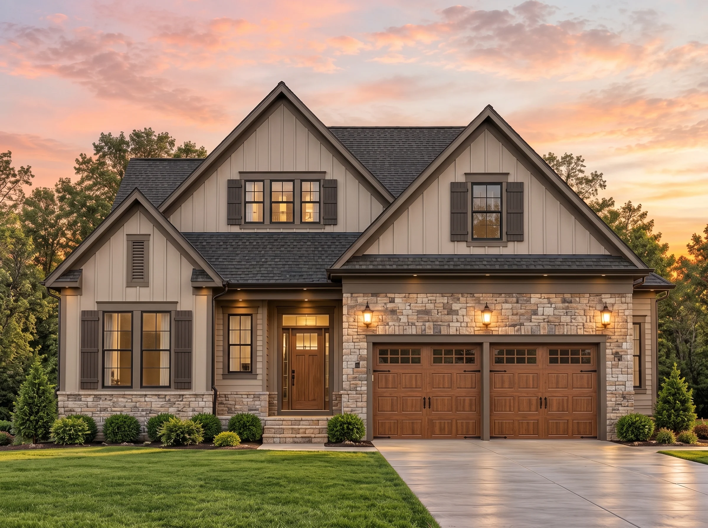 Plan  12-2874 – Aster Springs Chalet  | Modern Farmhouse – 3-Bed, 3-Bath, 1,627 SF - Mushroom Taupe, AI-generated exterior concept