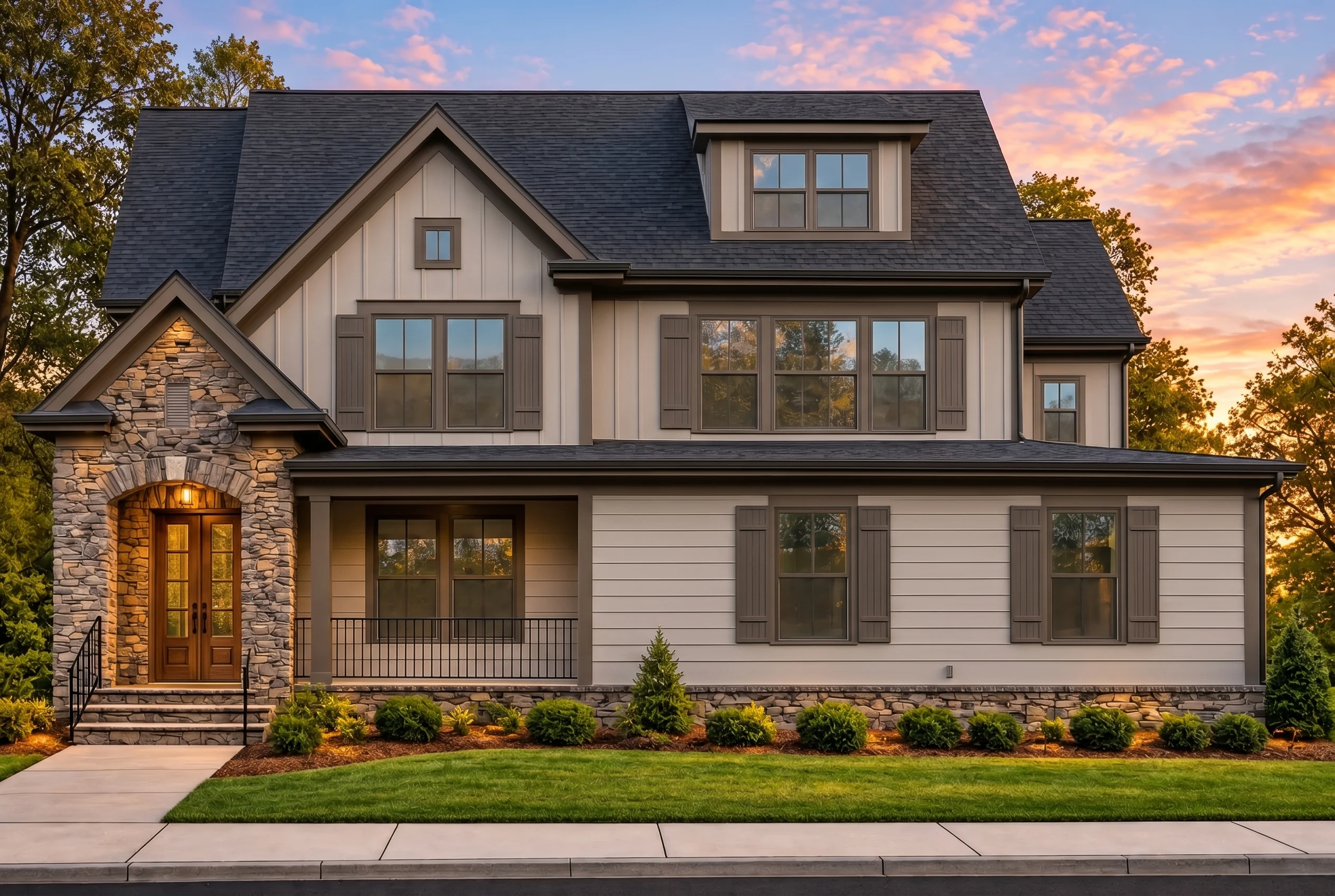 Plan  12-2856 – New York Harbor |  New American – 4-Bed, 3.5-Bath, 2,508 SF - Mushroom Taupe, AI-generated exterior concept