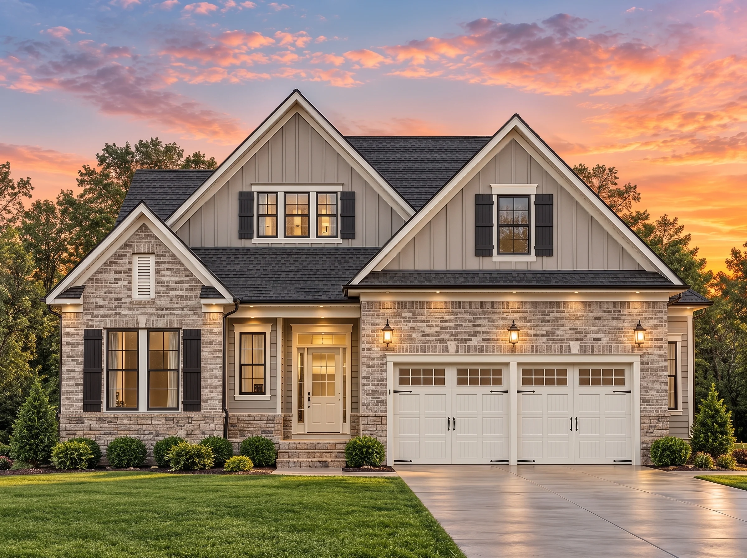 Plan  12-2874 – Aster Springs Chalet  | Modern Farmhouse – 3-Bed, 3-Bath, 1,627 SF - Natural Brick, AI-generated exterior concept