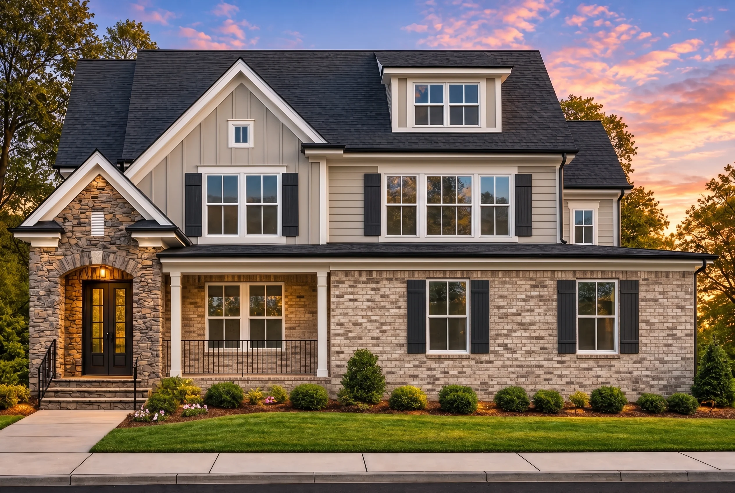 Plan  12-2856 – New York Harbor |  New American – 4-Bed, 3.5-Bath, 2,508 SF - Natural Brick, AI-generated exterior concept