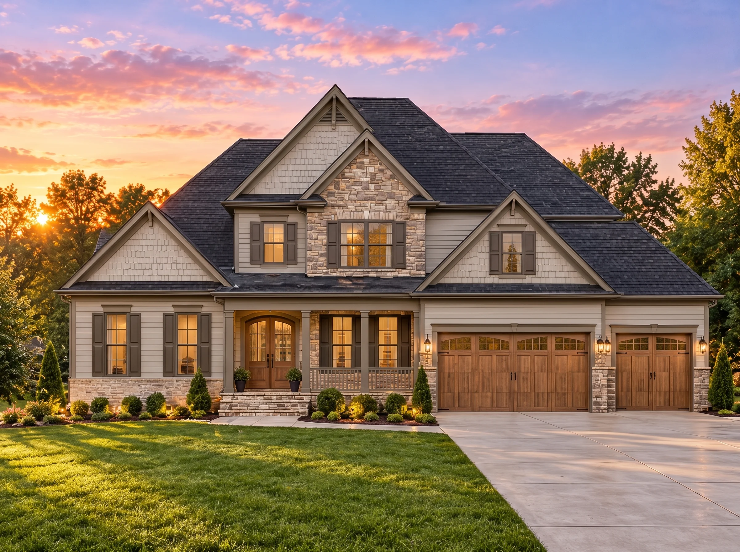 Plan  13-1018 – Lavender Lane Cottage  | Traditional – 5-Bed, 4.5-Bath, 3,822 SF - Mushroom Taupe, AI-generated exterior concept