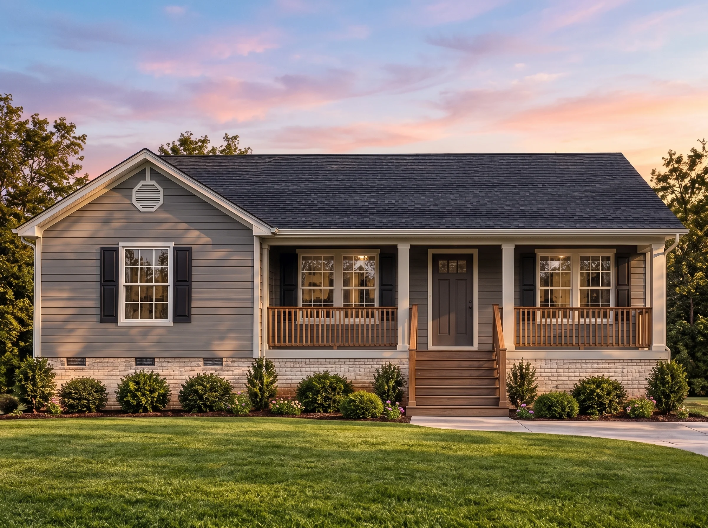 Plan  12-2989 – Opulent Abodes |  Traditional Ranch – 3-Bed, 2.5-Bath, 1,067 SF - Warm Charcoal, AI-generated exterior concept