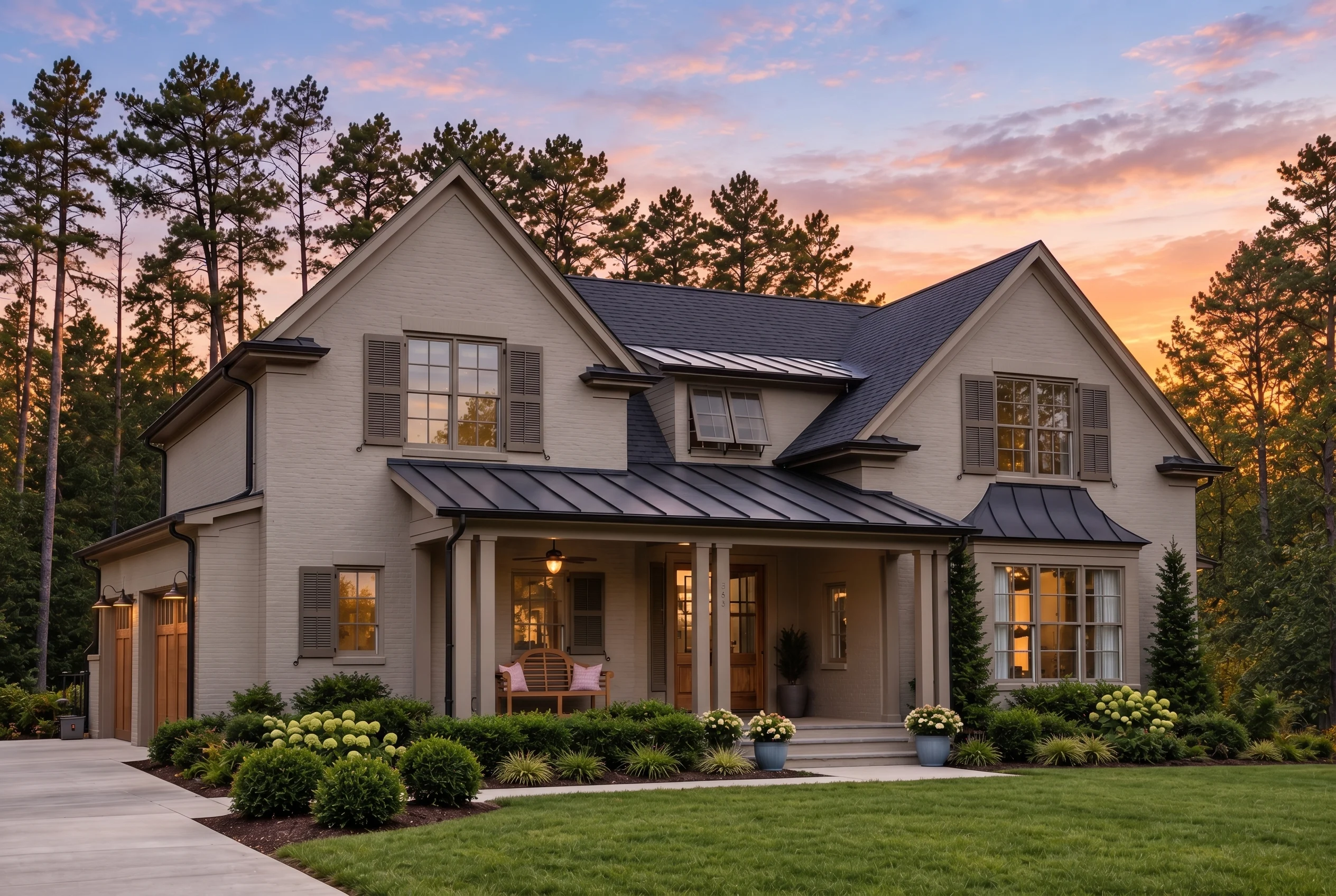 Plan  13-1007 – Aster Summit Farmhouse  | Traditional Colonial – 4-Bed, 3.5-Bath, 3,987 SF - Mushroom Taupe, AI-generated exterior concept