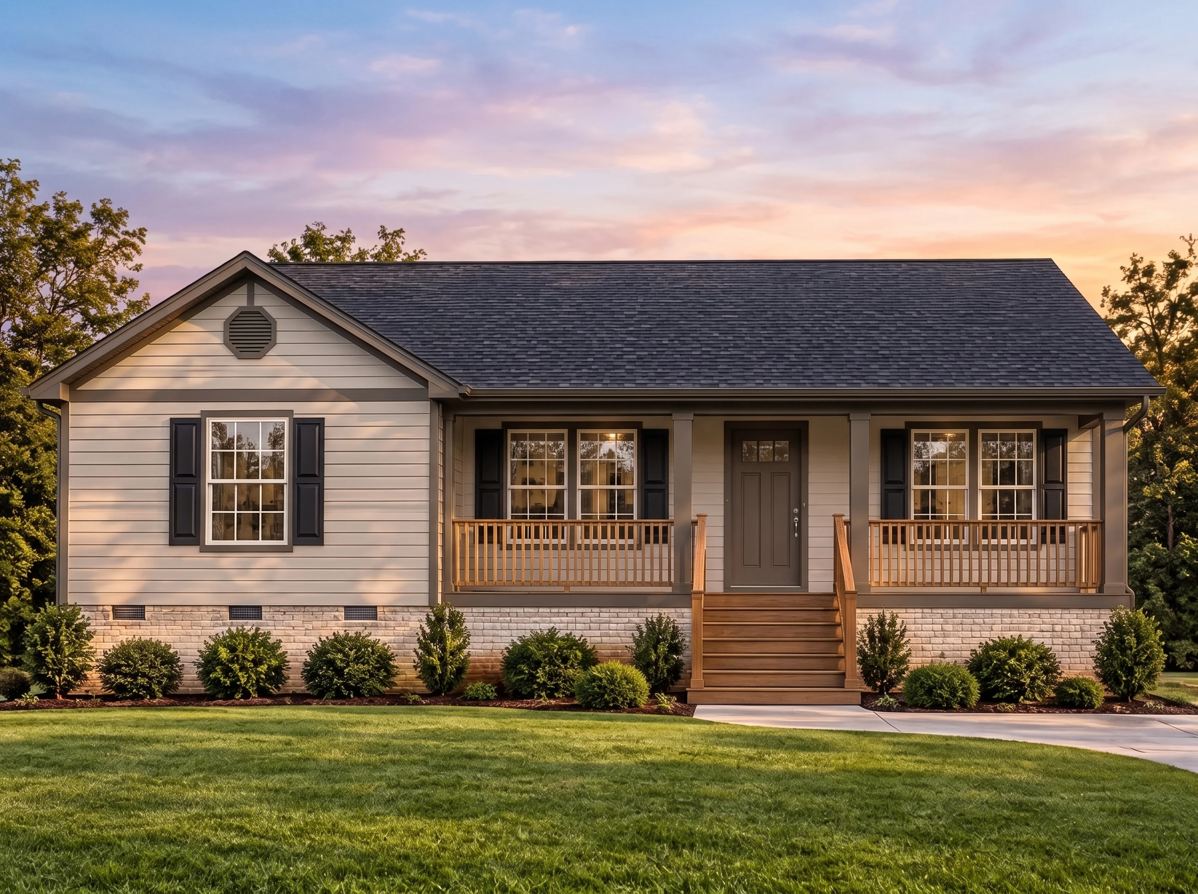 Plan  12-2989 – Opulent Abodes |  Traditional Ranch – 3-Bed, 2.5-Bath, 1,067 SF - Mushroom Taupe, AI-generated exterior concept