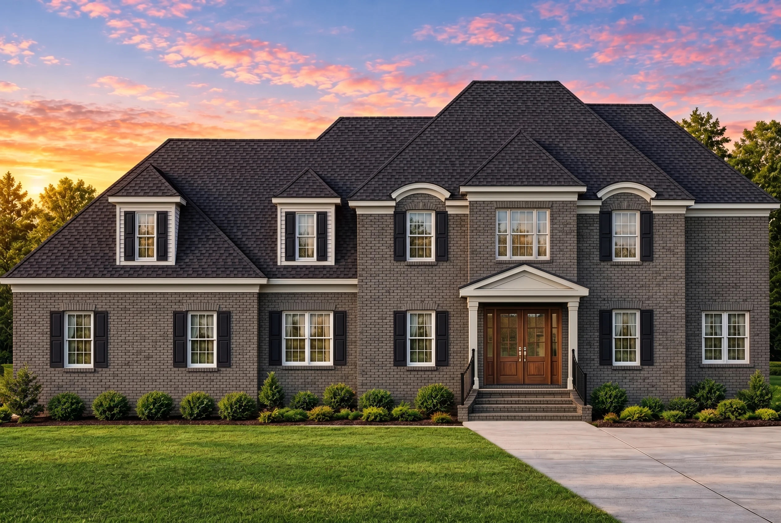 Plan  12-2988 – Rise Estate |  Colonial – 4-Bed, 3-Bath, 3,350 SF - Warm Charcoal, AI-generated exterior concept