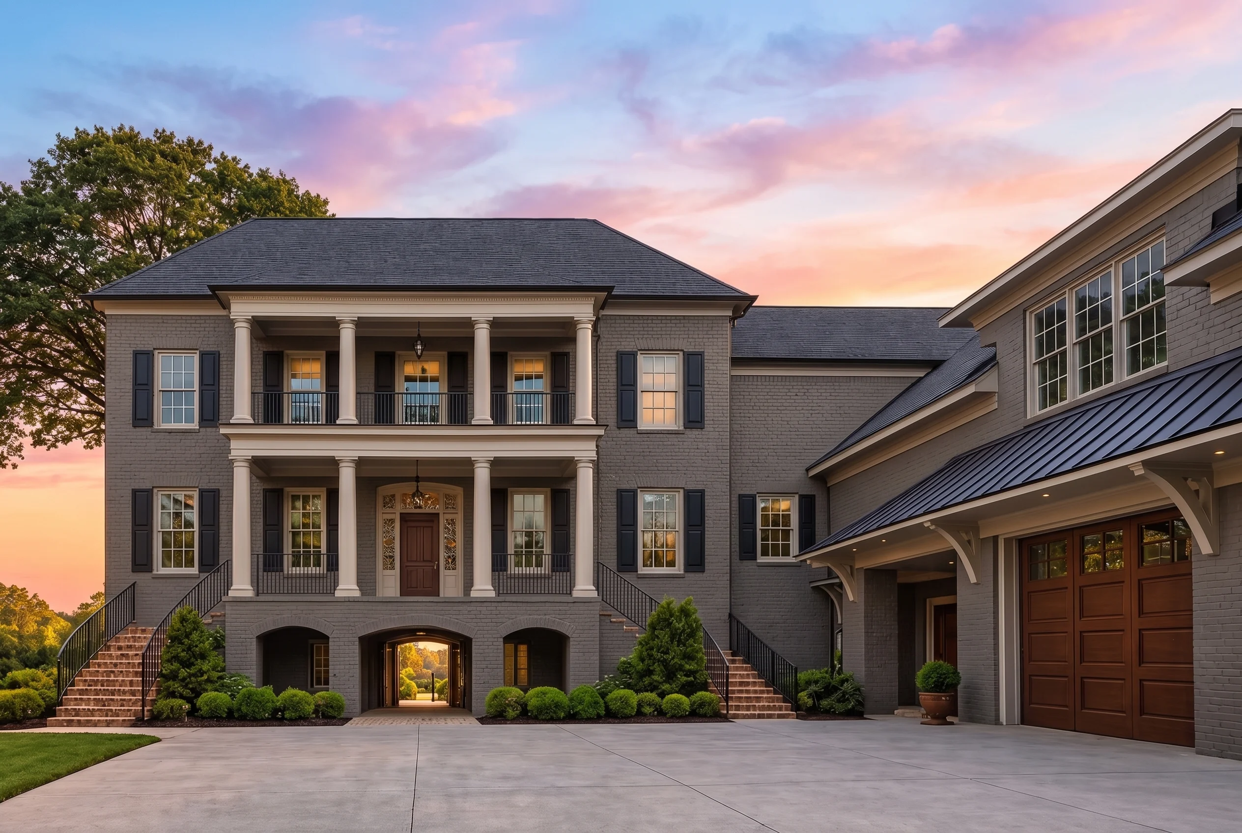 Plan  12-2973 – Dogwood Cove Cabin |  Georgian Colonial – 4-Bed, 5.5-Bath, 5,912 SF - Warm Charcoal, AI-generated exterior concept