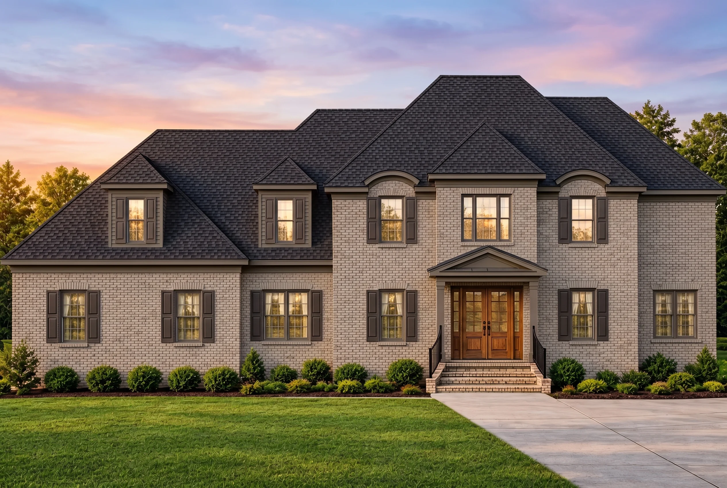 Plan  12-2988 – Rise Estate |  Colonial – 4-Bed, 3-Bath, 3,350 SF - Mushroom Taupe, AI-generated exterior concept