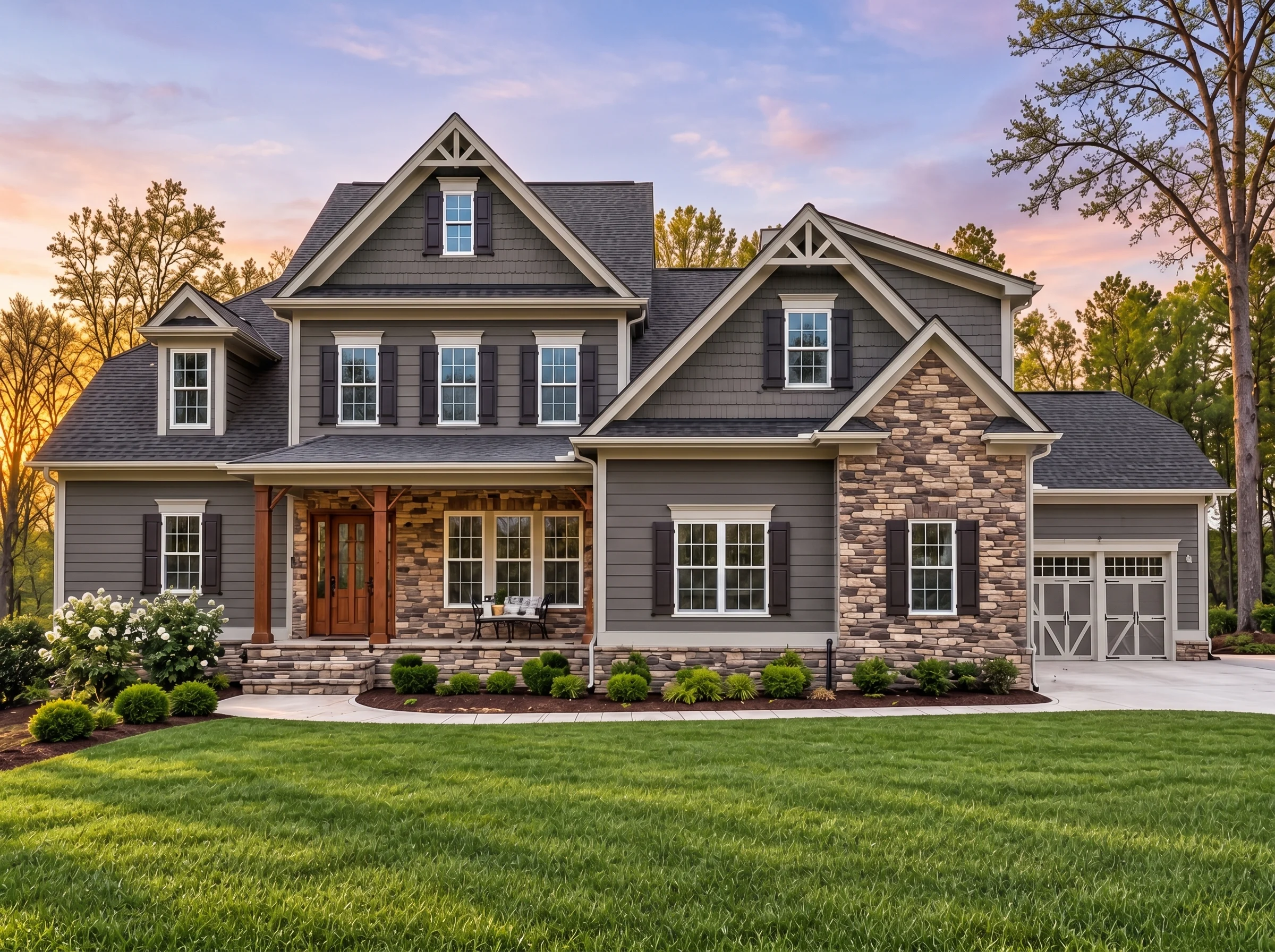 Plan  12-2957 – Alder Brook Cottage  | New American – 5-Bed, 3.5-Bath, 4,393 SF - Warm Charcoal, AI-generated exterior concept