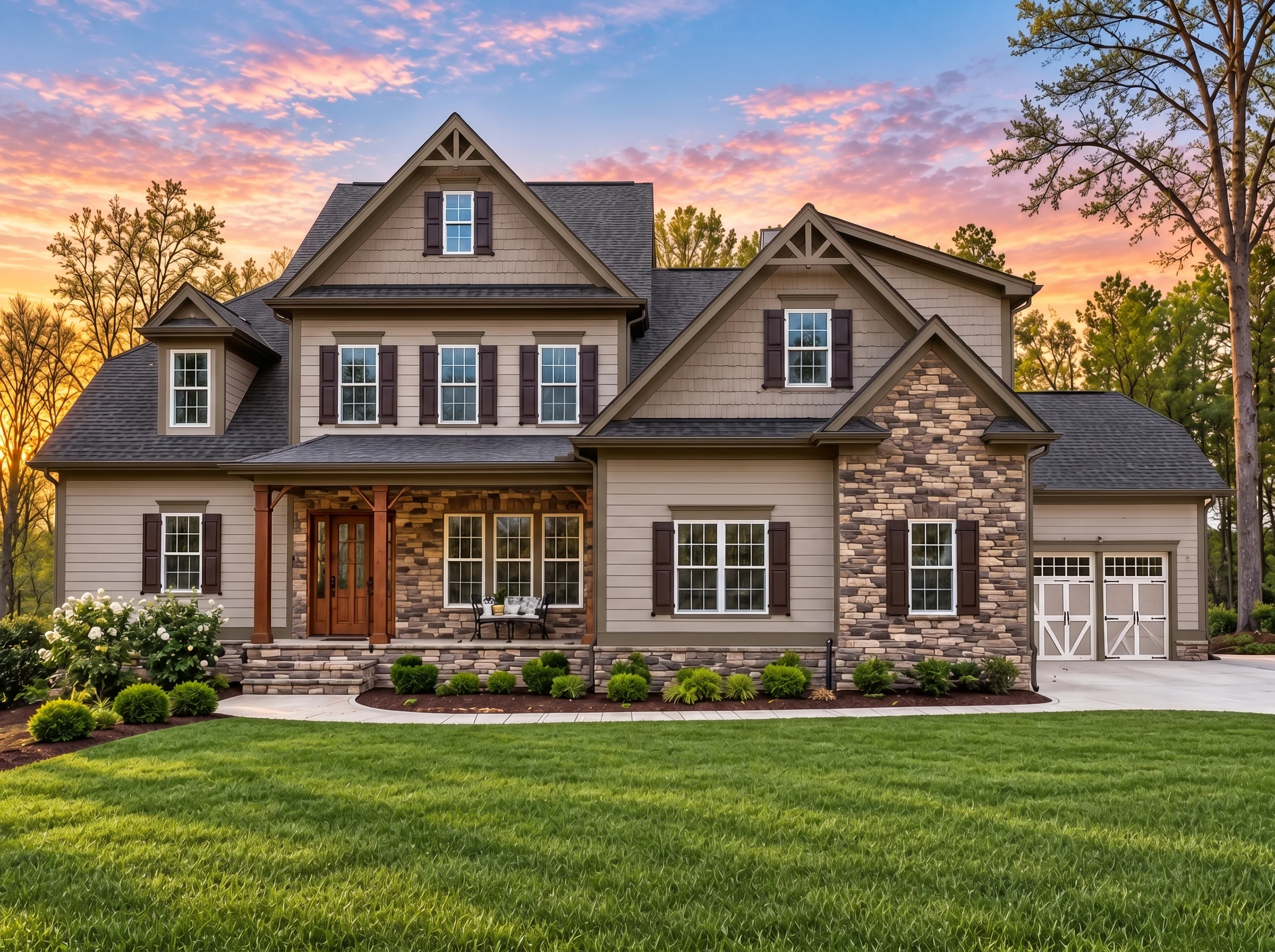 Plan  12-2957 – Alder Brook Cottage  | New American – 5-Bed, 3.5-Bath, 4,393 SF - Mushroom Taupe, AI-generated exterior concept