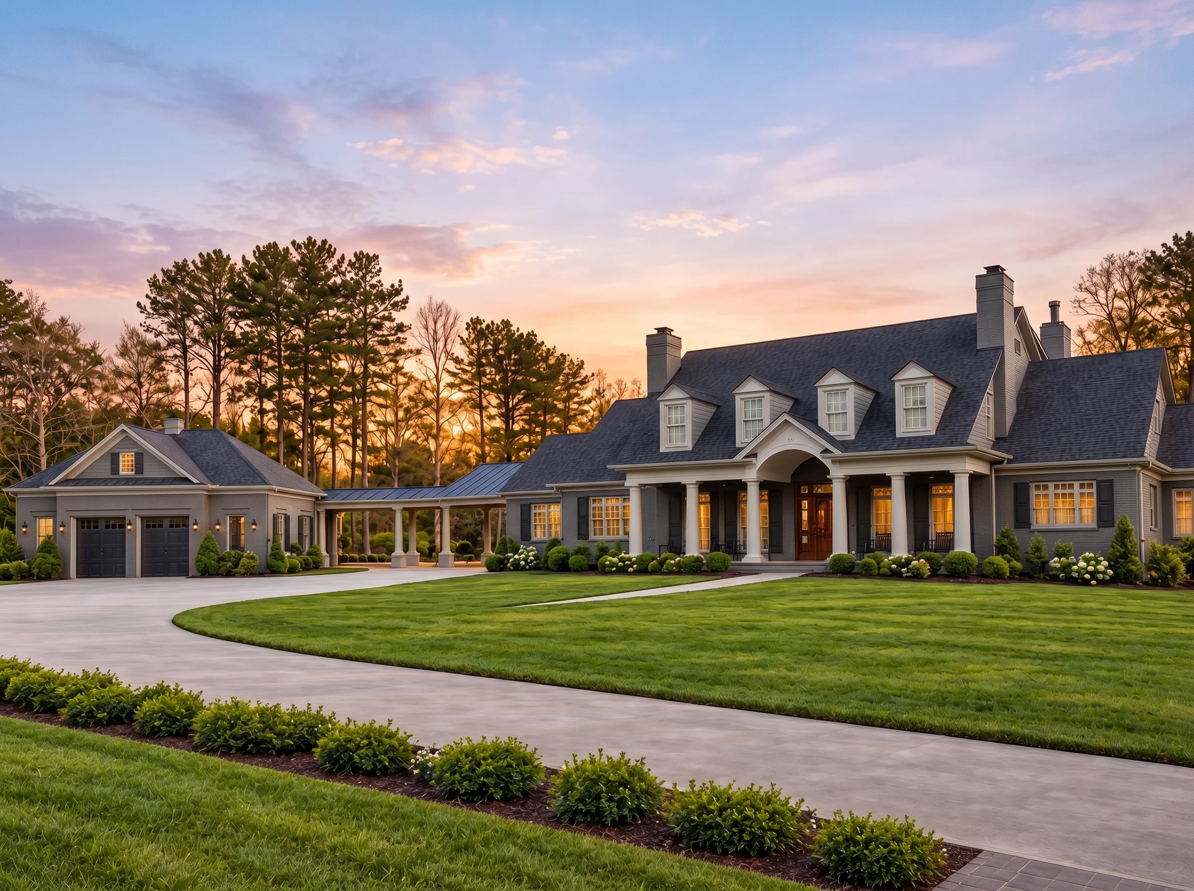 Plan  12-2938 – HomeSafeNest |  Classical Southern – 5-Bed, 4.5-Bath, 5,884 SF - Warm Charcoal, AI-generated exterior concept