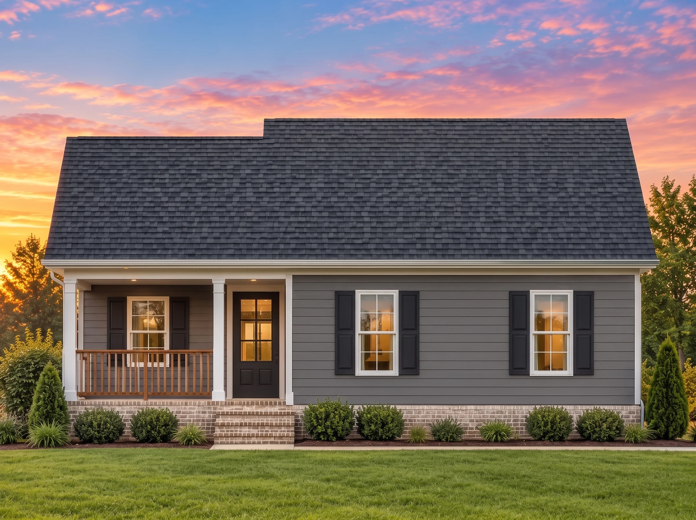 Plan  12-2923 – Manor Gardens |  Traditional – 3-Bed, 2-Bath, 1,090 SF - Warm Charcoal, AI-generated exterior concept