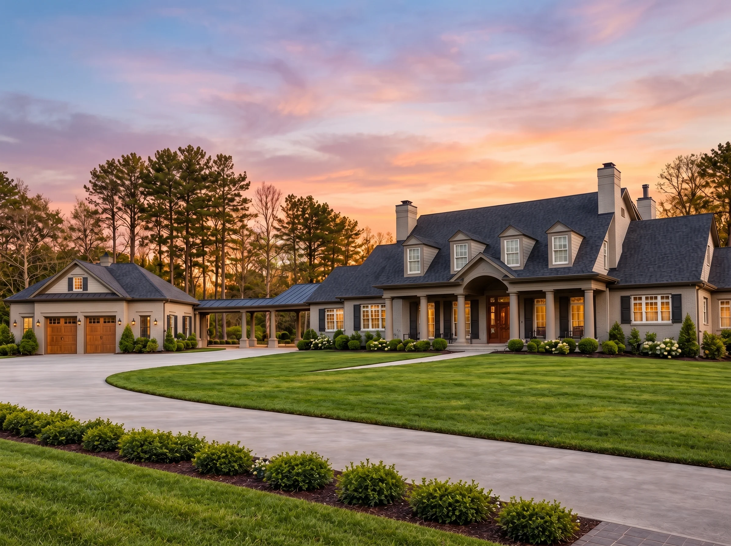 Plan  12-2938 – HomeSafeNest |  Classical Southern – 5-Bed, 4.5-Bath, 5,884 SF - Mushroom Taupe, AI-generated exterior concept