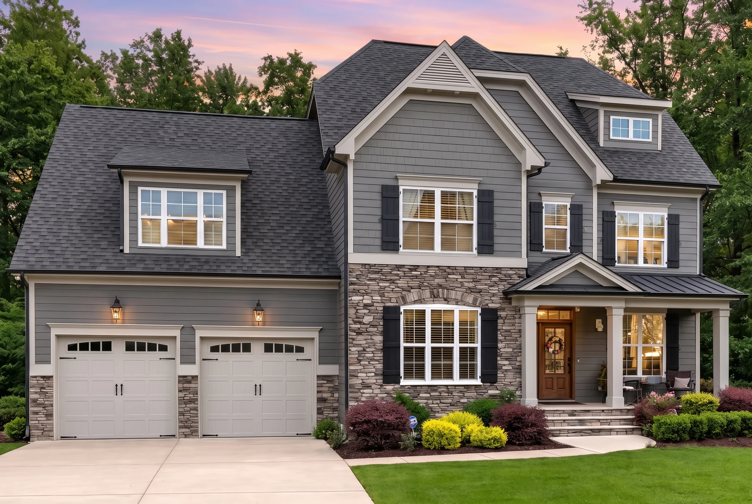 Plan  12-2916 – Aster Woods Estate |  New American – 4-Bed, 3.5-Bath, 3,270 SF - Warm Charcoal, AI-generated exterior concept