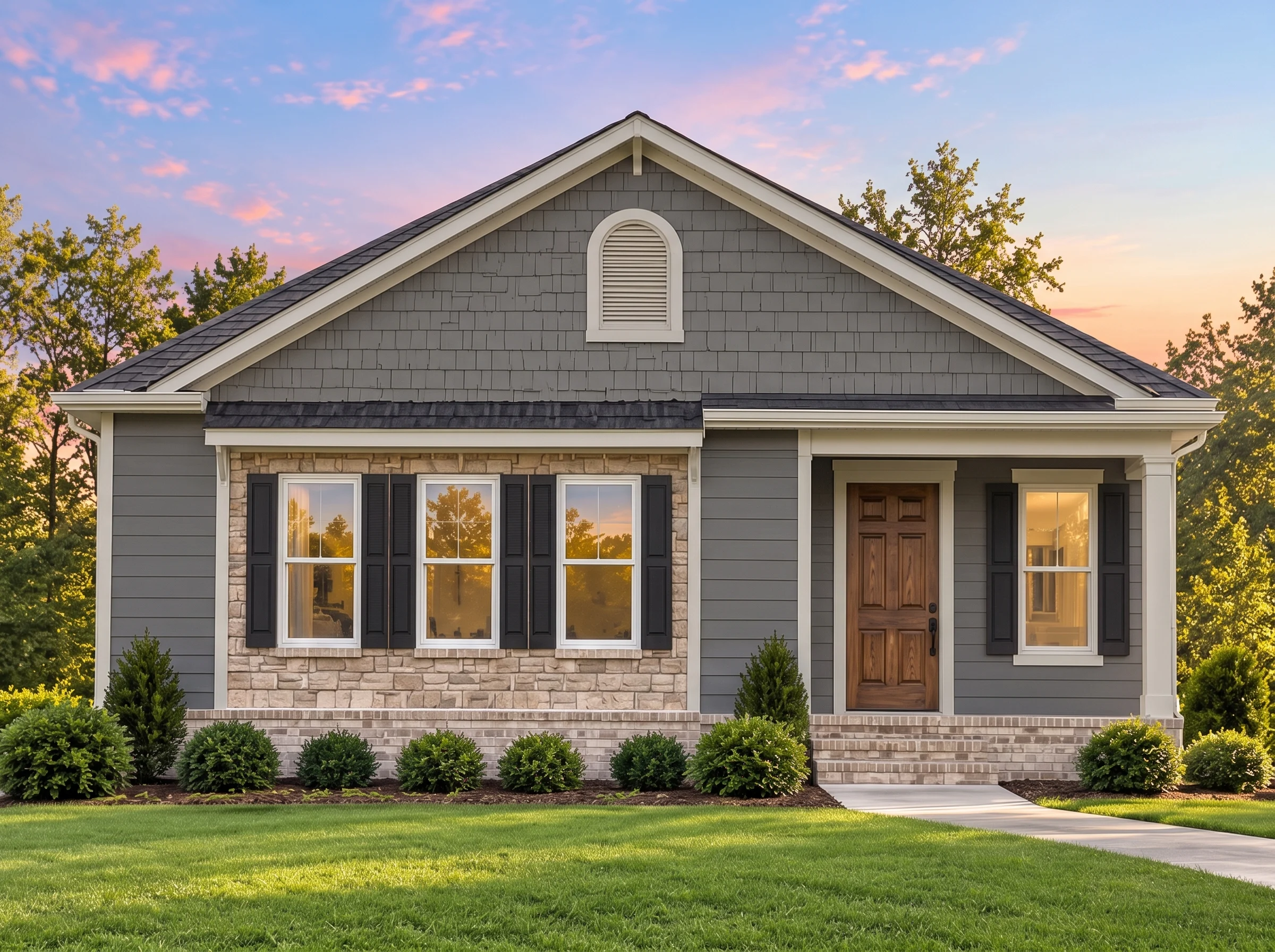 Plan  12-2924 – The Wellington |  Traditional Ranch – 3-Bed, 2-Bath, 1,066 SF - Warm Charcoal, AI-generated exterior concept