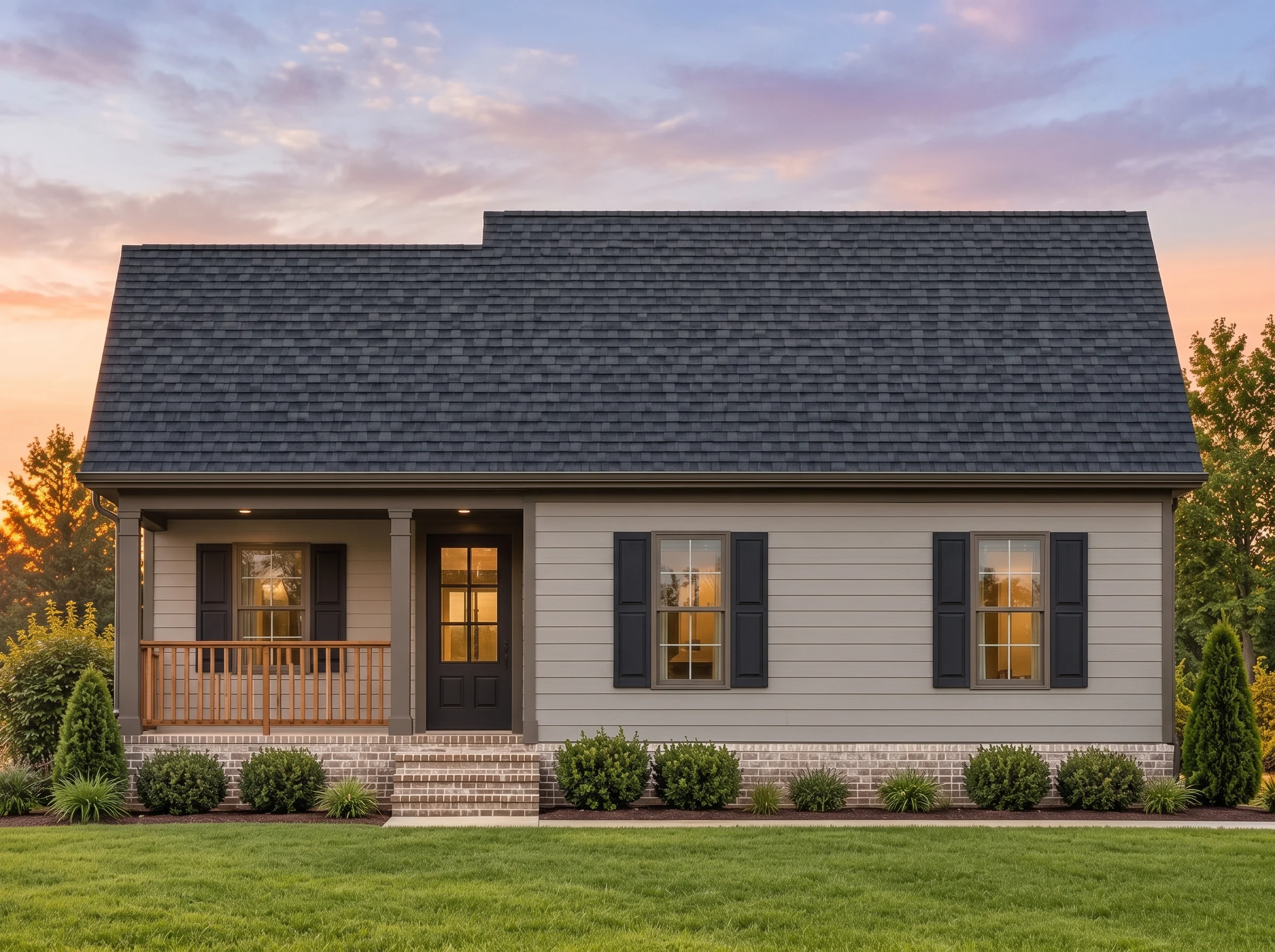 Plan  12-2923 – Manor Gardens |  Traditional – 3-Bed, 2-Bath, 1,090 SF - Mushroom Taupe, AI-generated exterior concept
