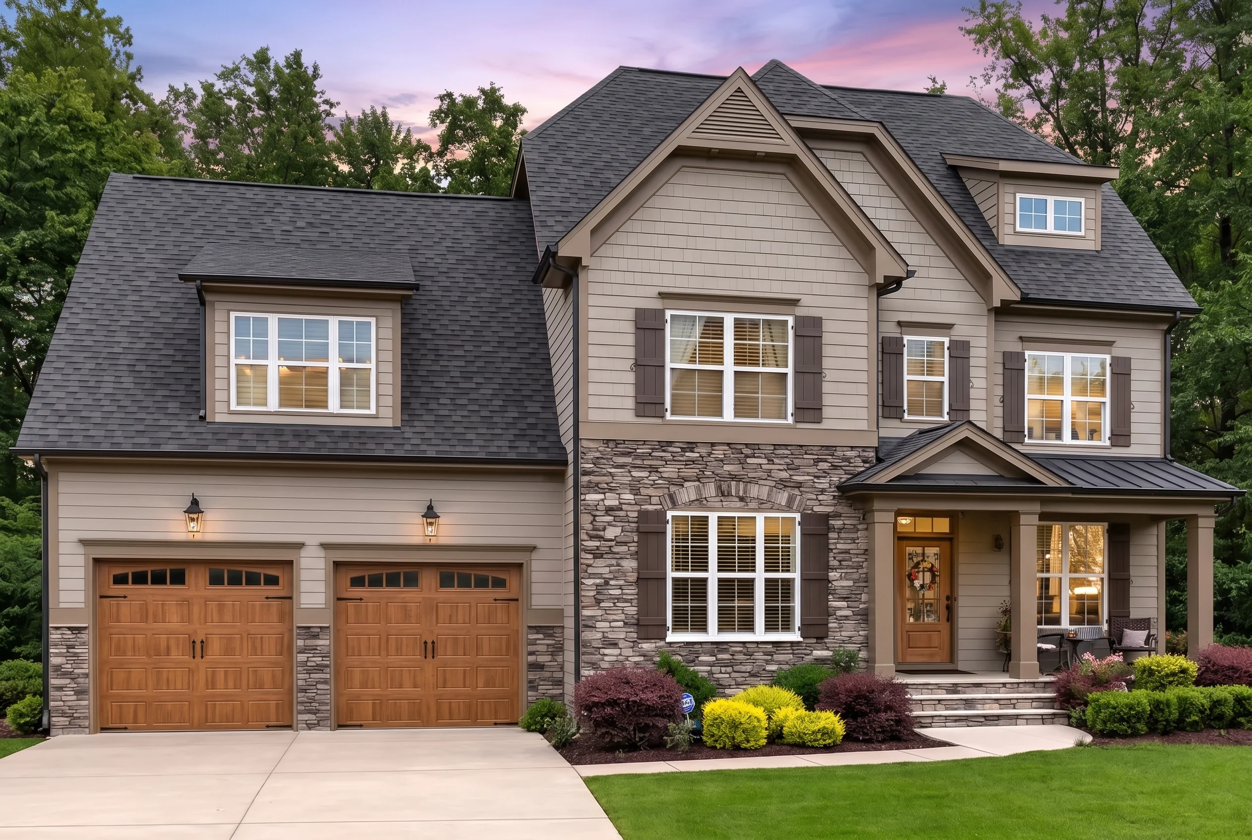 Plan  12-2916 – Aster Woods Estate |  New American – 4-Bed, 3.5-Bath, 3,270 SF - Mushroom Taupe, AI-generated exterior concept