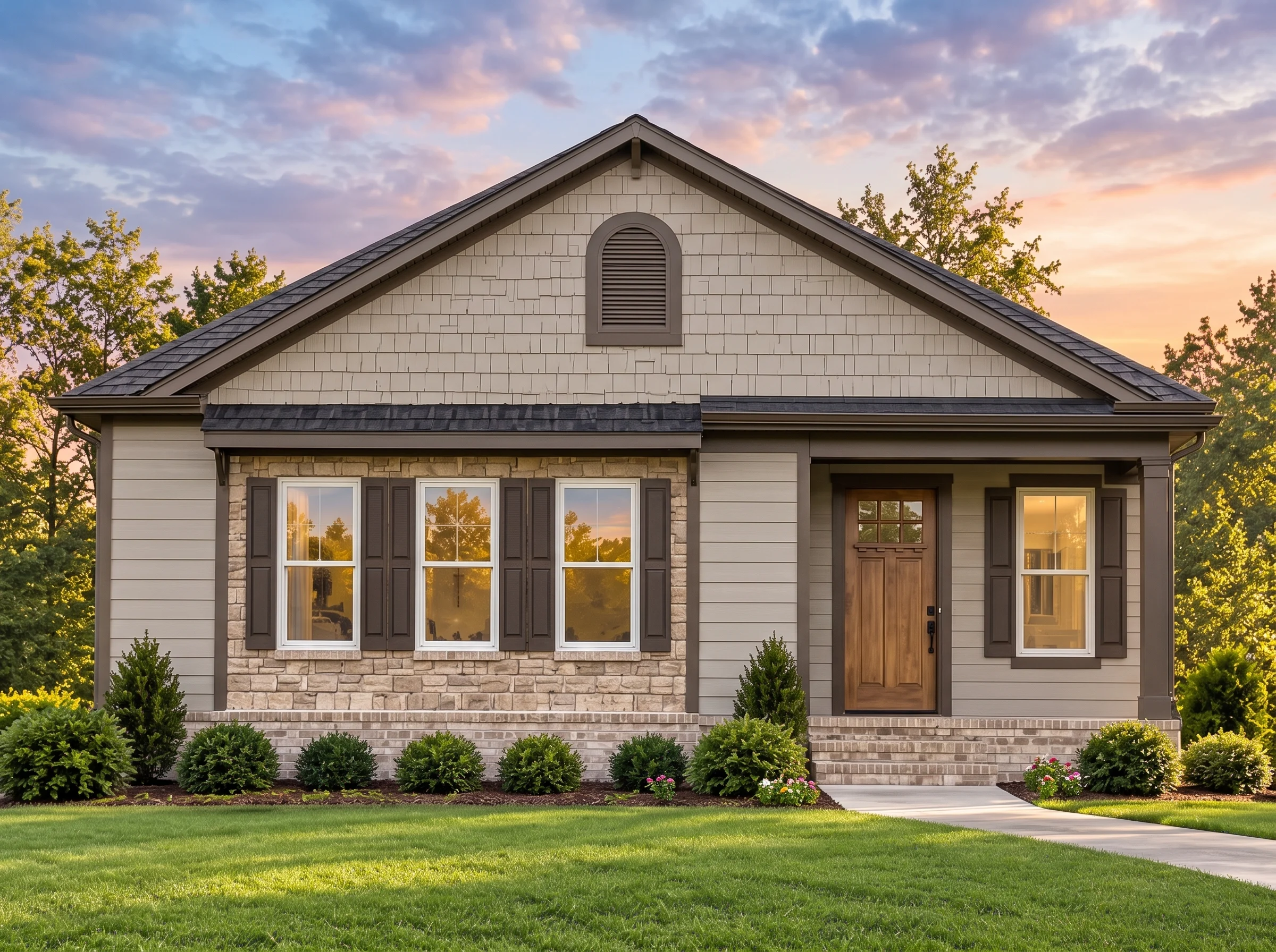 Plan  12-2924 – The Wellington |  Traditional Ranch – 3-Bed, 2-Bath, 1,066 SF - Mushroom Taupe, AI-generated exterior concept