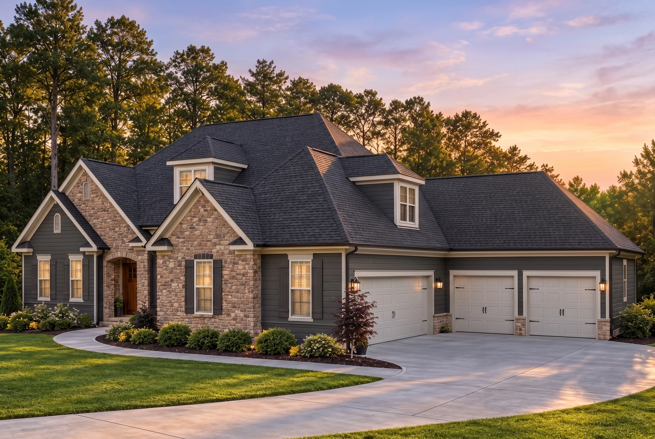 Plan  12-2818 – Auburn Trail Place |  Traditional – 4-Bed, 5-Bath, 3,693 SF - Warm Charcoal, AI-generated exterior concept