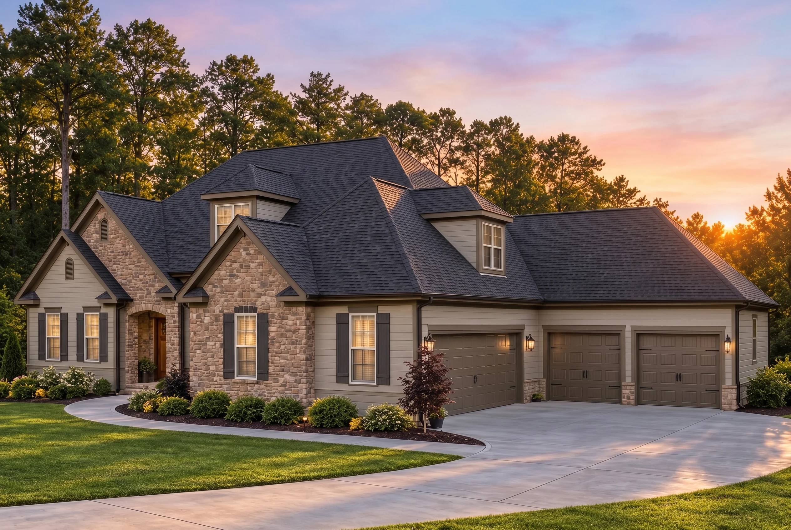 Plan  12-2818 – Auburn Trail Place |  Traditional – 4-Bed, 5-Bath, 3,693 SF - Mushroom Taupe, AI-generated exterior concept