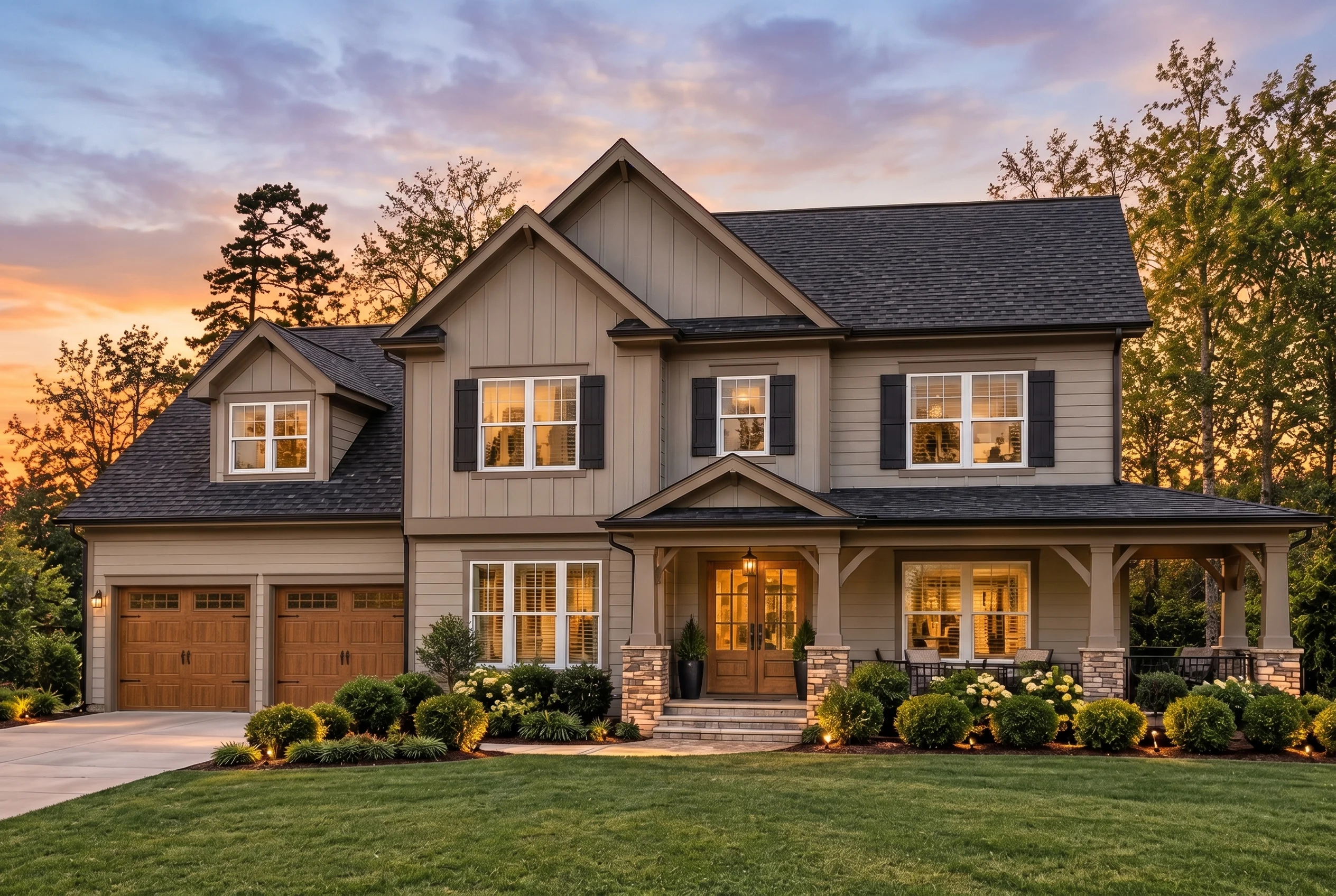 Plan  13-1294 – Aster Bend Villa |  New American – 5-Bed, 4.5-Bath, 2,981 SF - Mushroom Taupe, AI-generated exterior concept