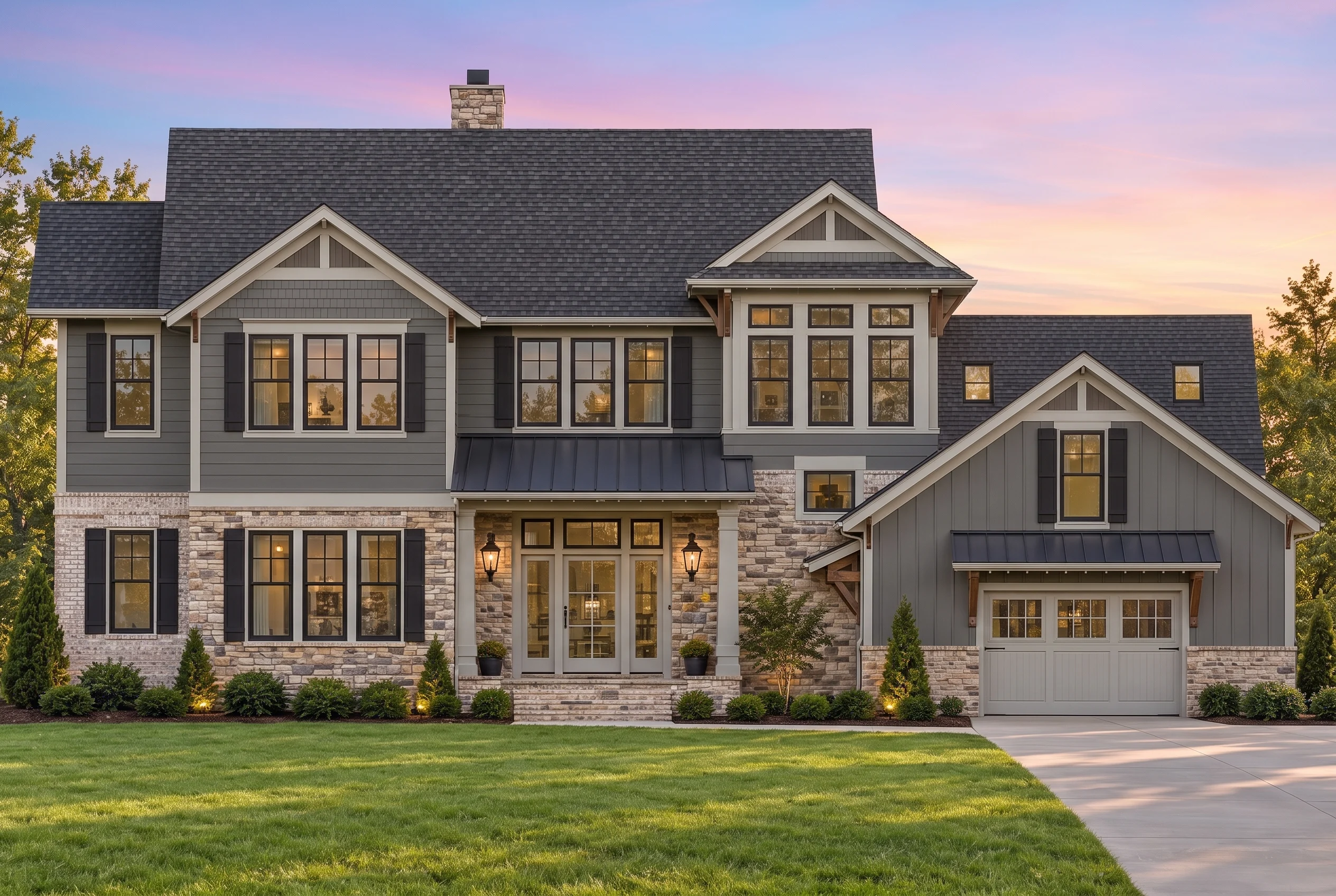 Plan  13-1218 – Auburn View Farmhouse  | New American – 4-Bed, 3.5-Bath, 4,007 SF - Warm Charcoal, AI-generated exterior concept