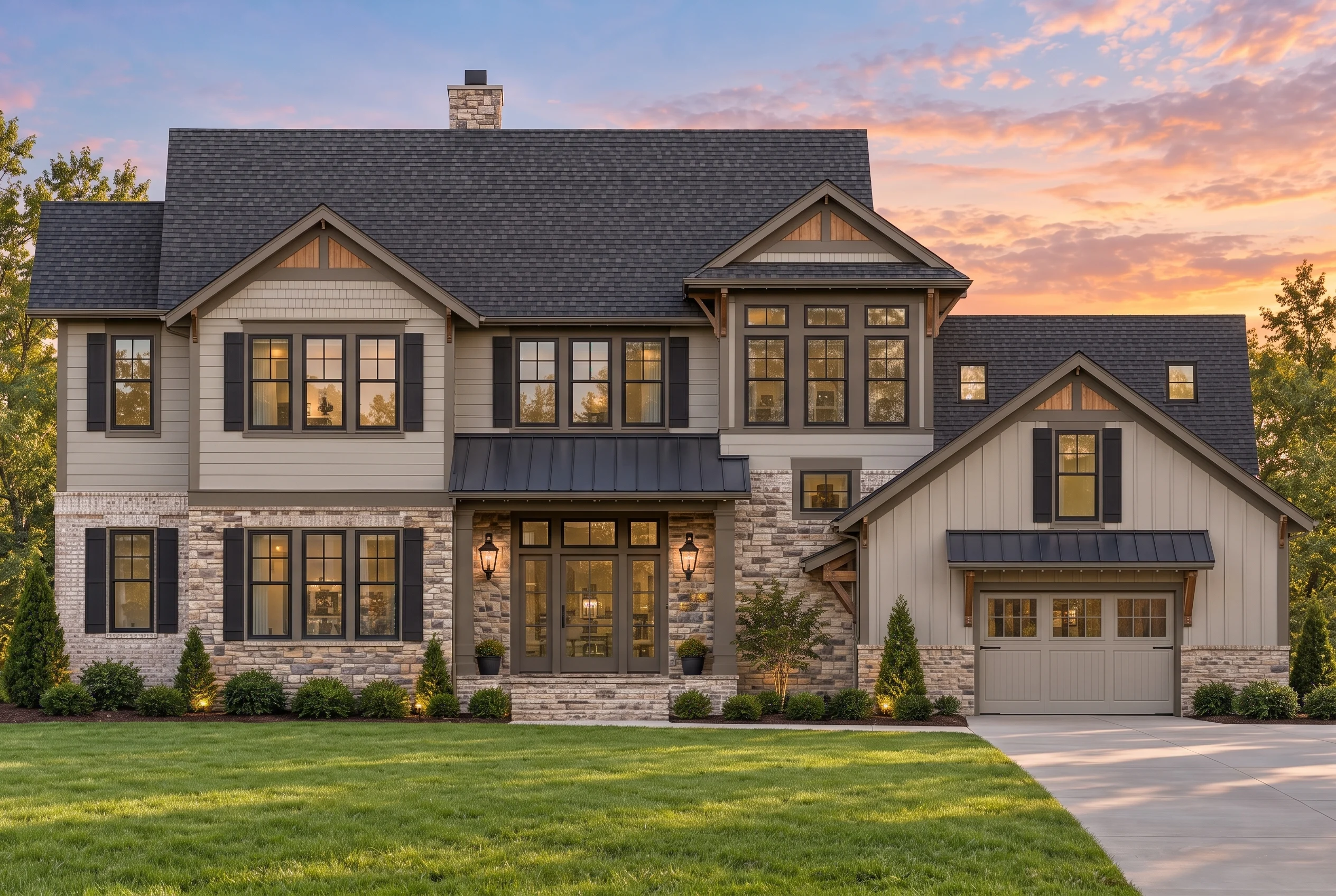 Plan  13-1218 – Auburn View Farmhouse  | New American – 4-Bed, 3.5-Bath, 4,007 SF - Mushroom Taupe, AI-generated exterior concept