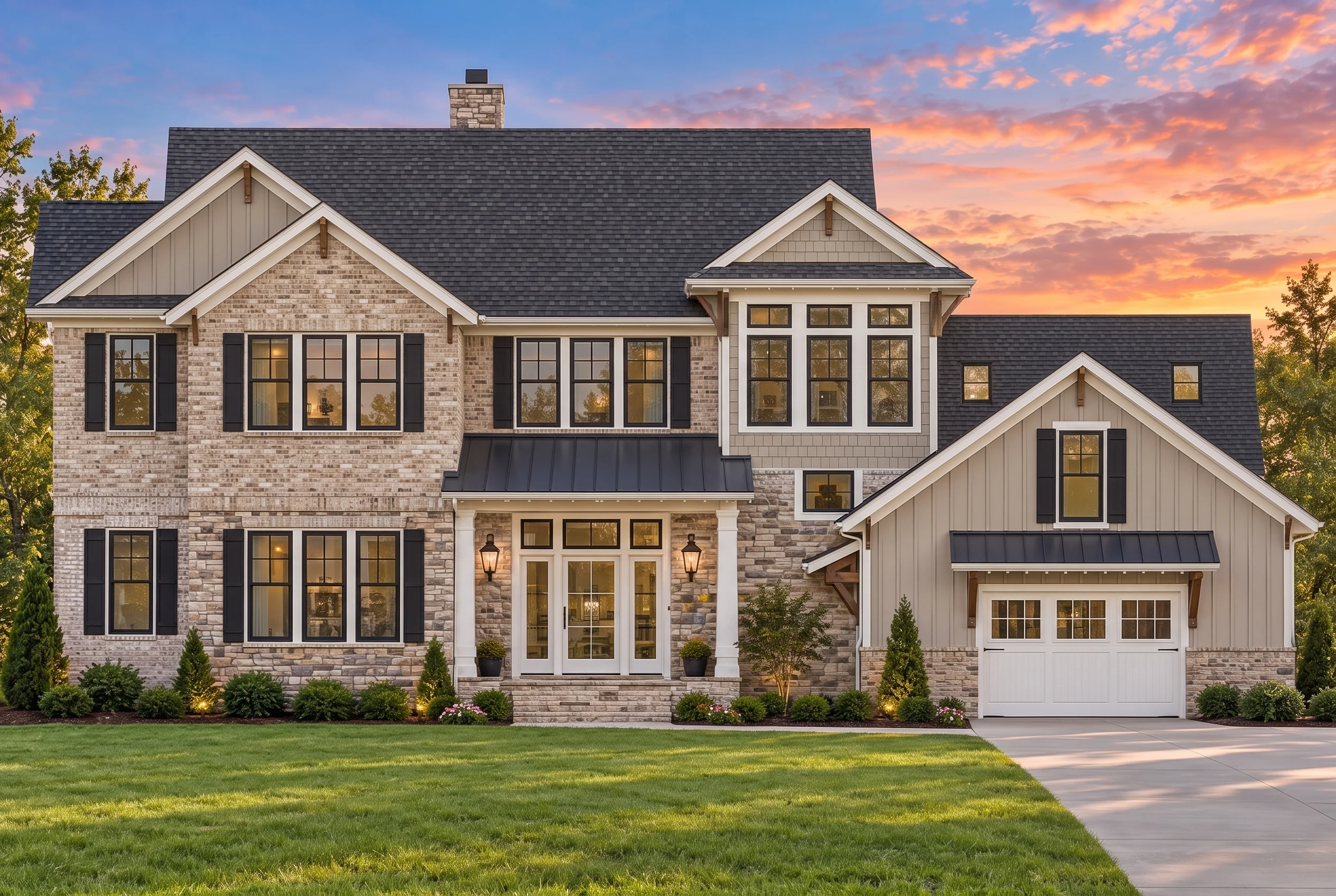 Plan  13-1218 – Auburn View Farmhouse  | New American – 4-Bed, 3.5-Bath, 4,007 SF - Natural Brick, AI-generated exterior concept