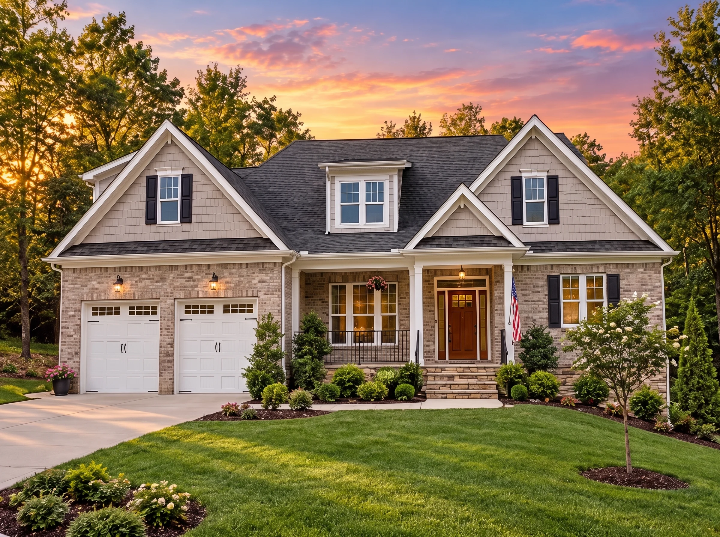 Plan  13-1214 – Golden Key | New  American – 5-Bed, 4.5-Bath, 3,039 SF - Natural Brick, AI-generated exterior concept